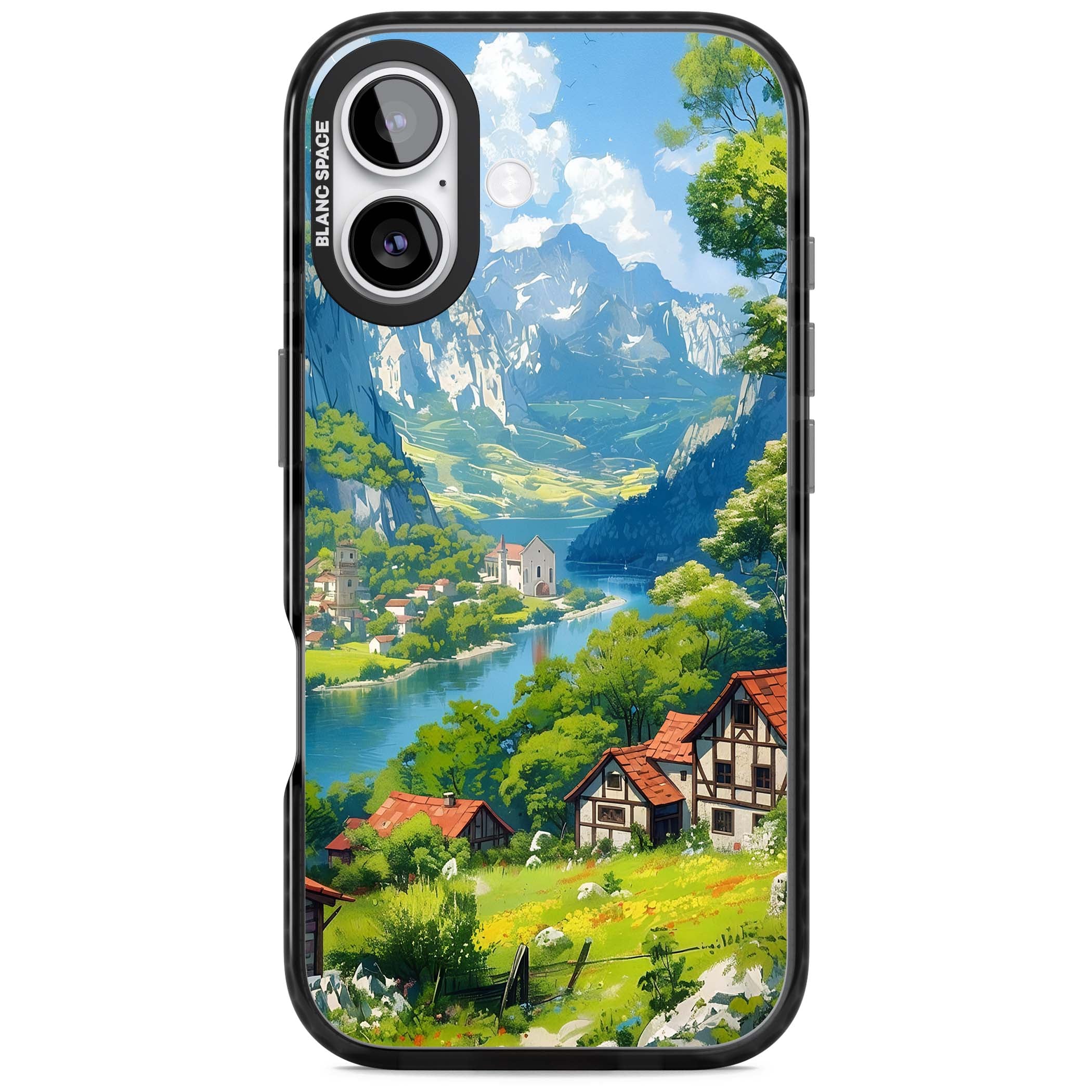 Village In The Valley anime iPhone case featuring a painted mountain village, river valley and half-timbered cottages. | Black Impact Magsafe case for iPhone 17