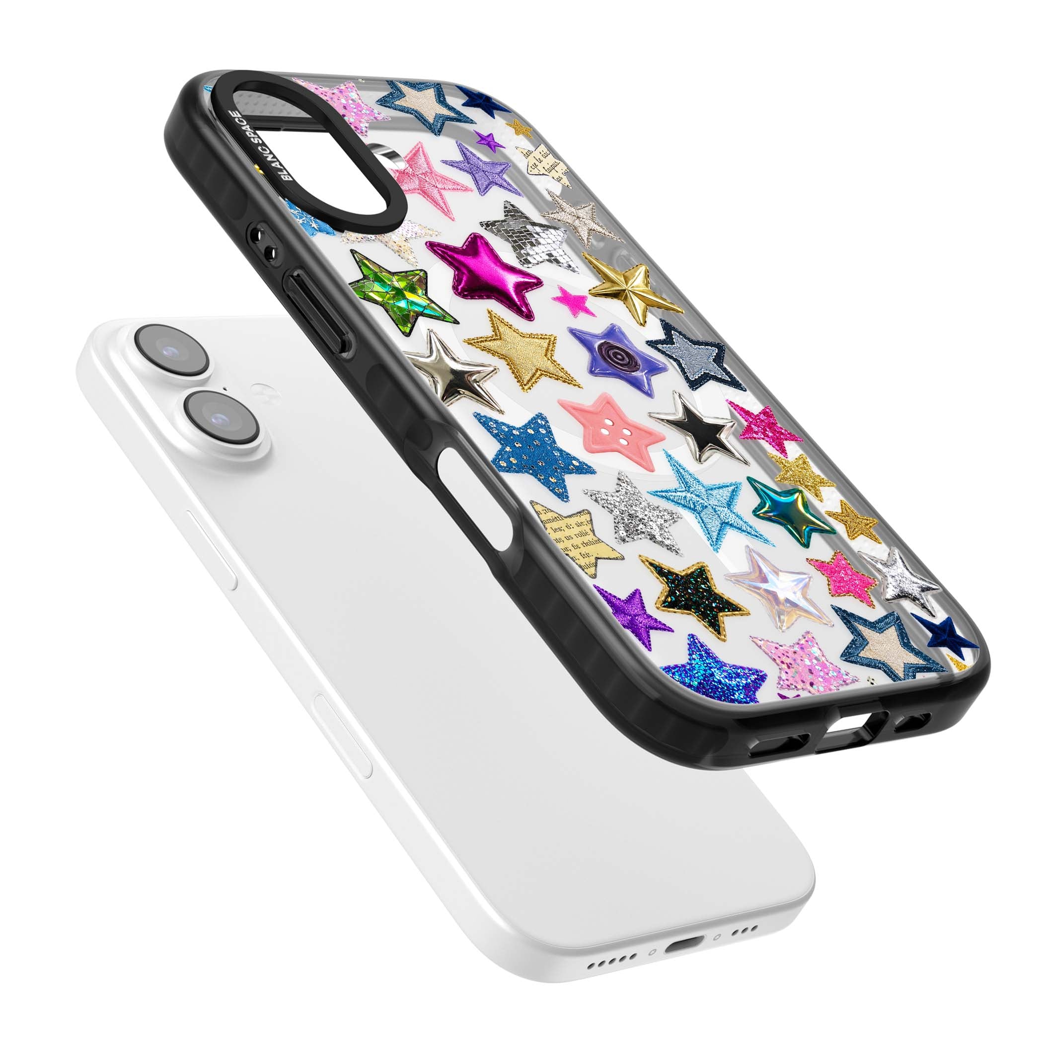Crafty Star Mix Y2K iPhone case featuring embroidered, sequinned and glitter star patches in rainbow colours | Black Impact Magsafe case for iPhone 17
