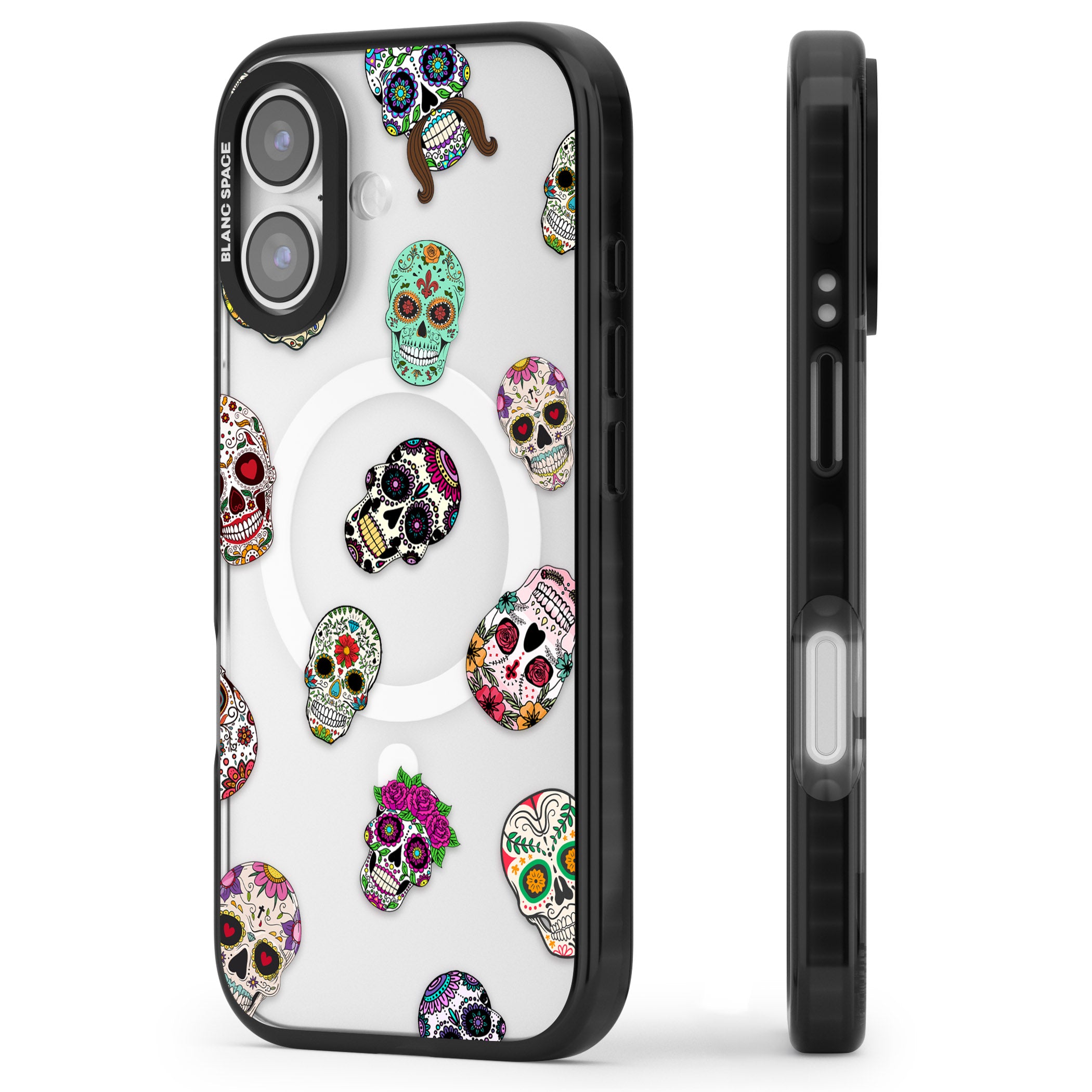 Mixed Sugar Skull Pattern iPhone 17 Impact Pro Black Phone Case Side Profile