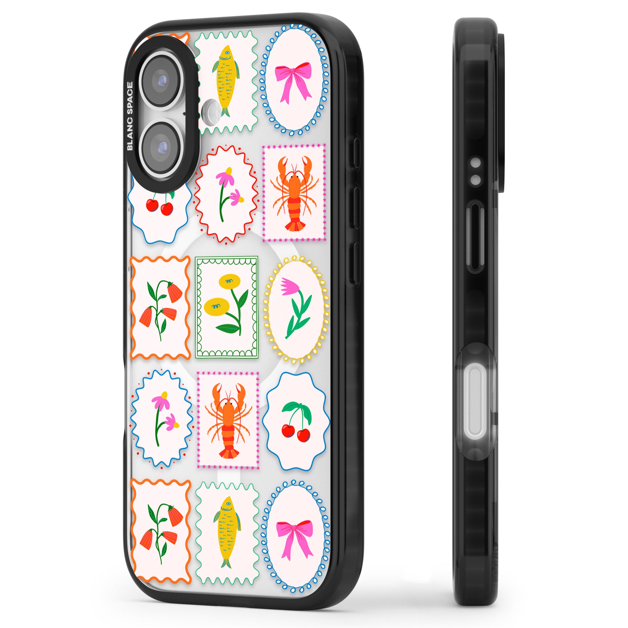 Floral Seafood Stamps iPhone 17 Impact Pro Black Phone Case Side Profile