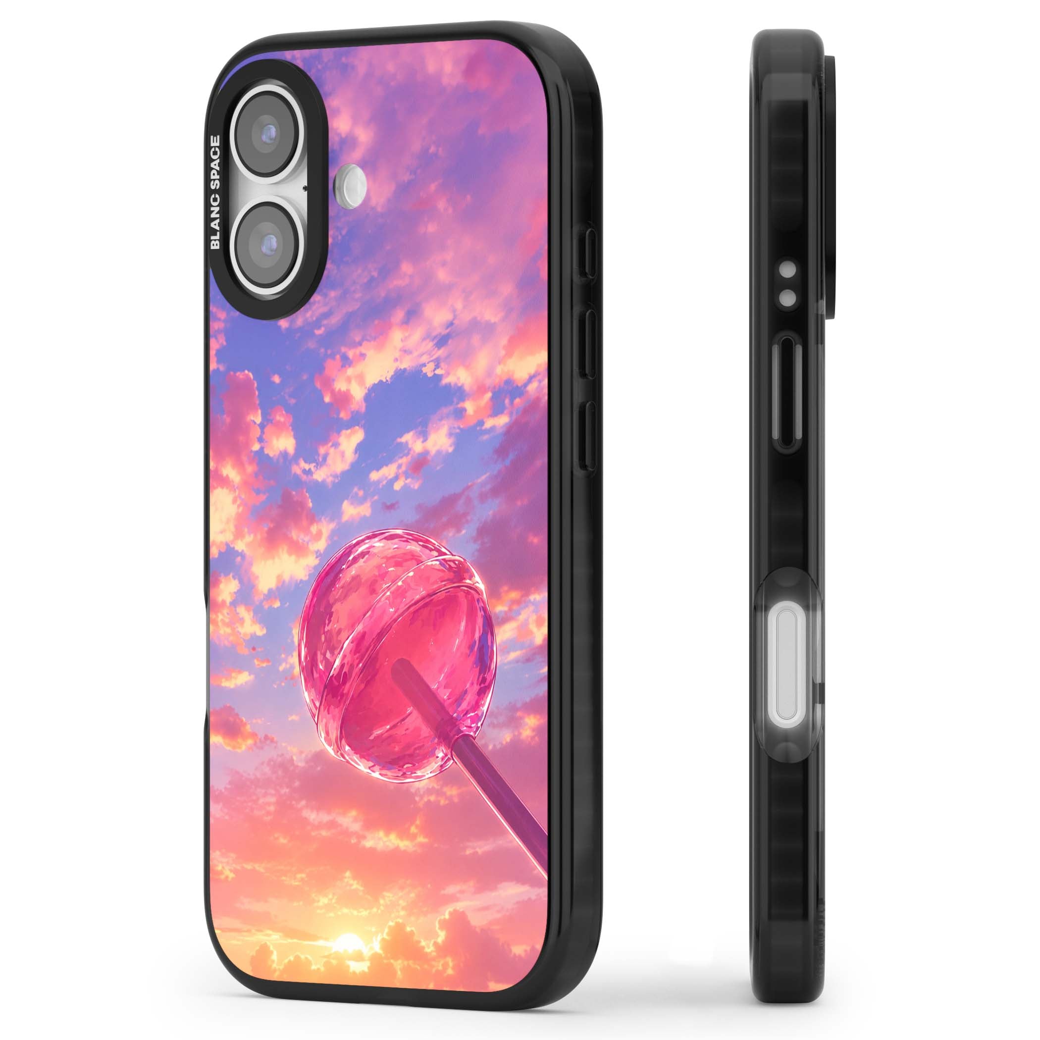 Sugar Sunset candy aesthetic iPhone case featuring a pink lollipop, pastel sunset sky and dreamy clouds | Black Impact Magsafe case for iPhone 17