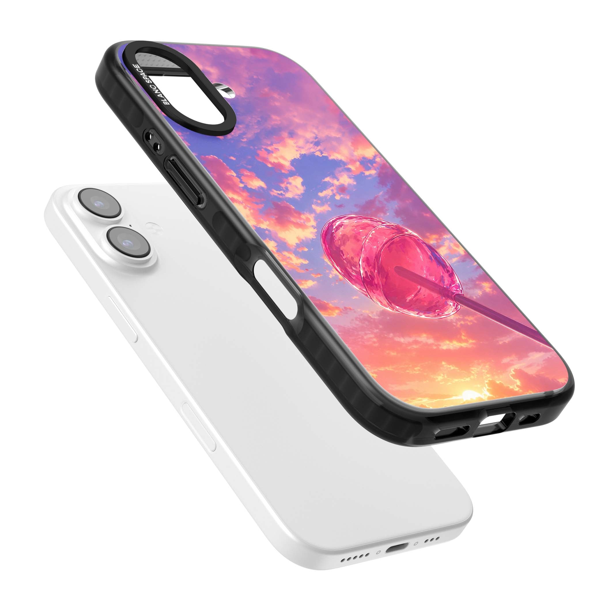 Sugar Sunset candy aesthetic iPhone case featuring a pink lollipop, pastel sunset sky and dreamy clouds | Black Impact Magsafe case for iPhone 17