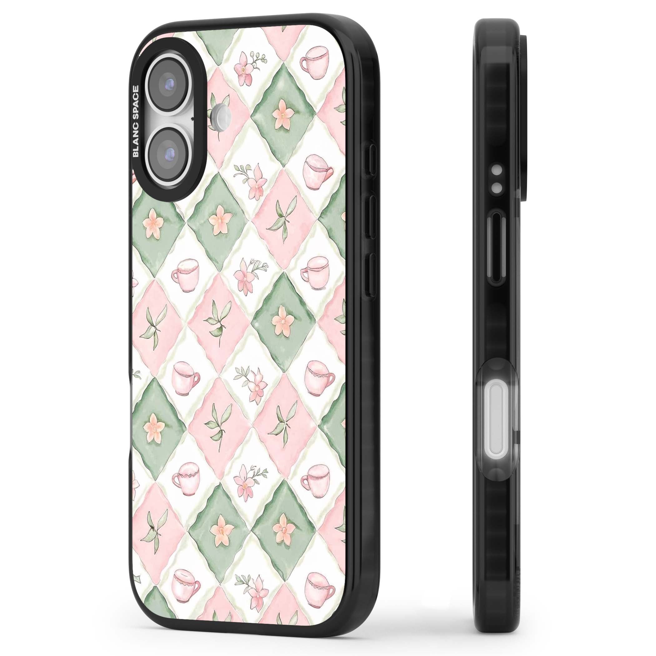 Garden Tea Party coquette iPhone case with pink and green checkered pattern, watercolour teacups and wildflowers | Black Impact Magsafe case for iPhone 17