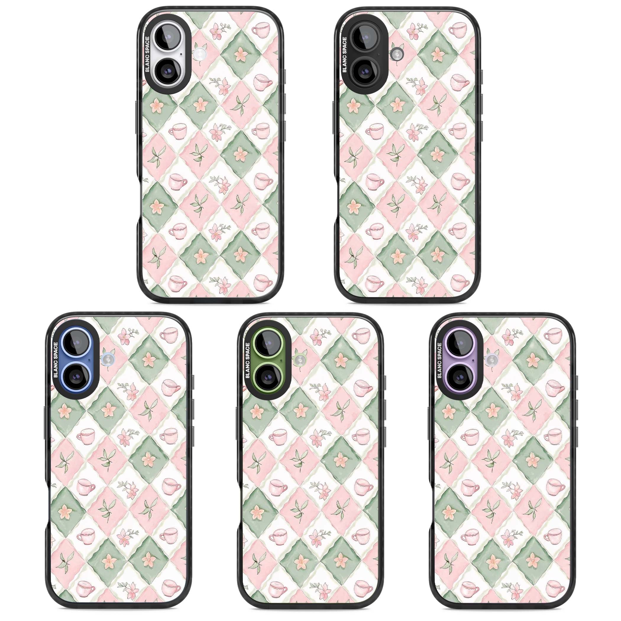 Garden Tea Party coquette iPhone case with pink and green checkered pattern, watercolour teacups and wildflowers | Black Impact Magsafe case for iPhone 17