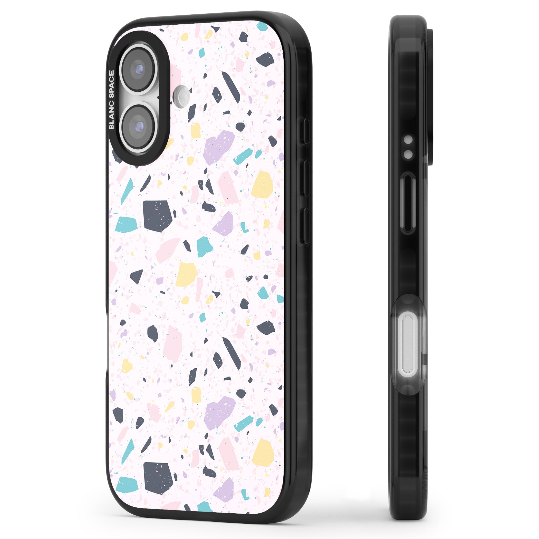 Pink, Purple & Turquoise Terrazzo Pattern iPhone 17 Impact Pro Black Phone Case Side Profile