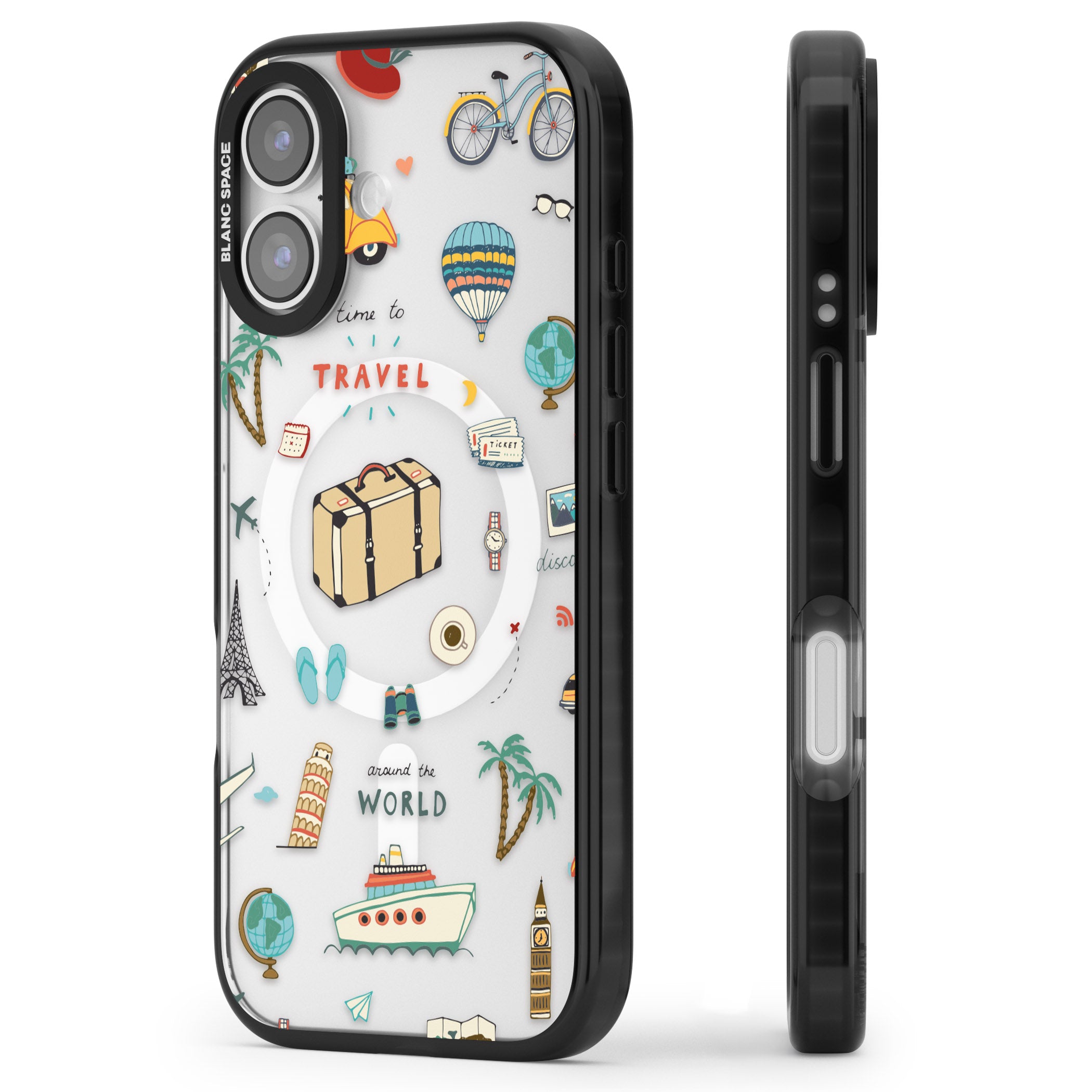 Cute Travel Pattern Transparent iPhone 17 Impact Pro Black Phone Case Side Profile