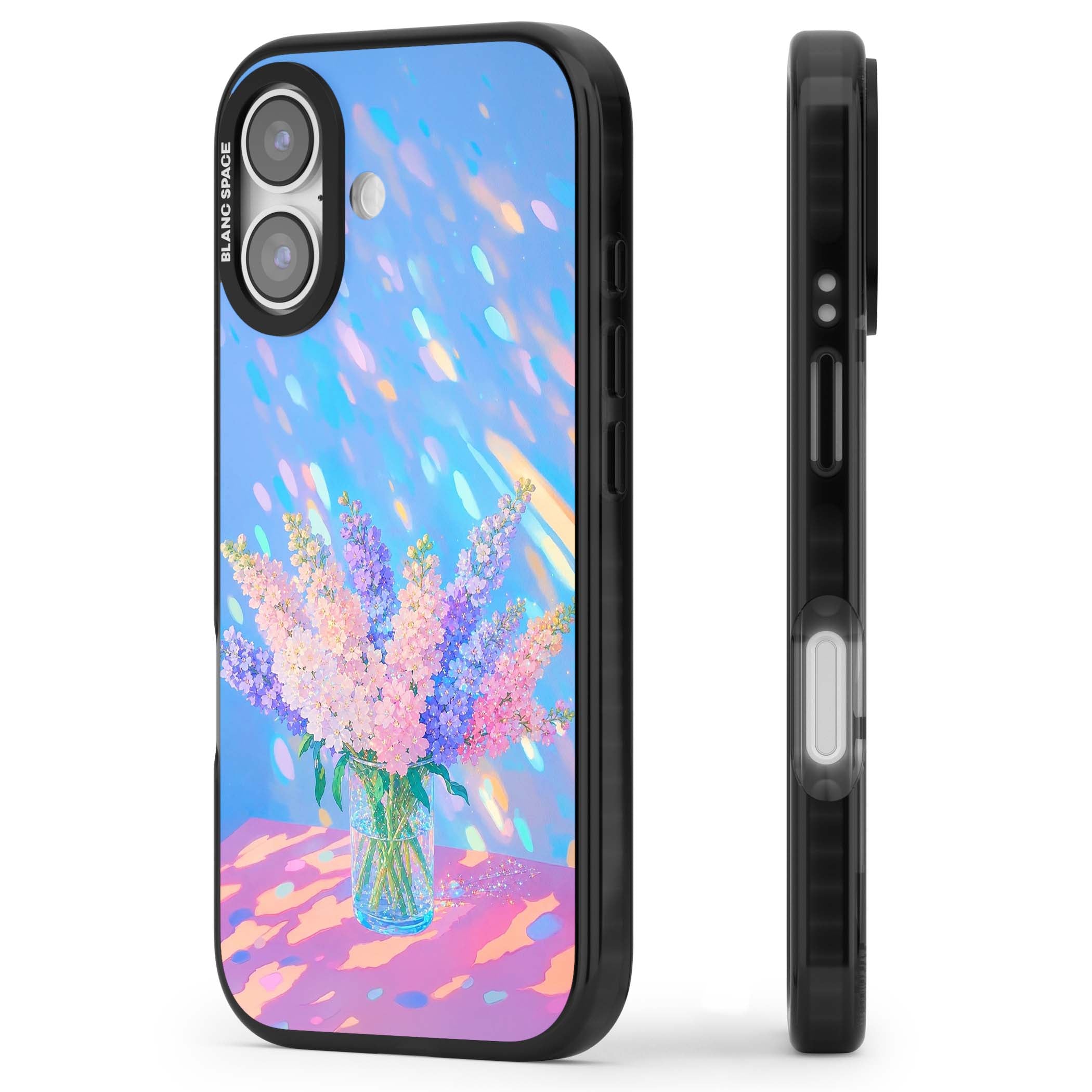Bubblegum Flowers floral iPhone case featuring pastel lilac and pink bouquet in a glass vase with iridescent light | Black Impact Magsafe case for iPhone 17