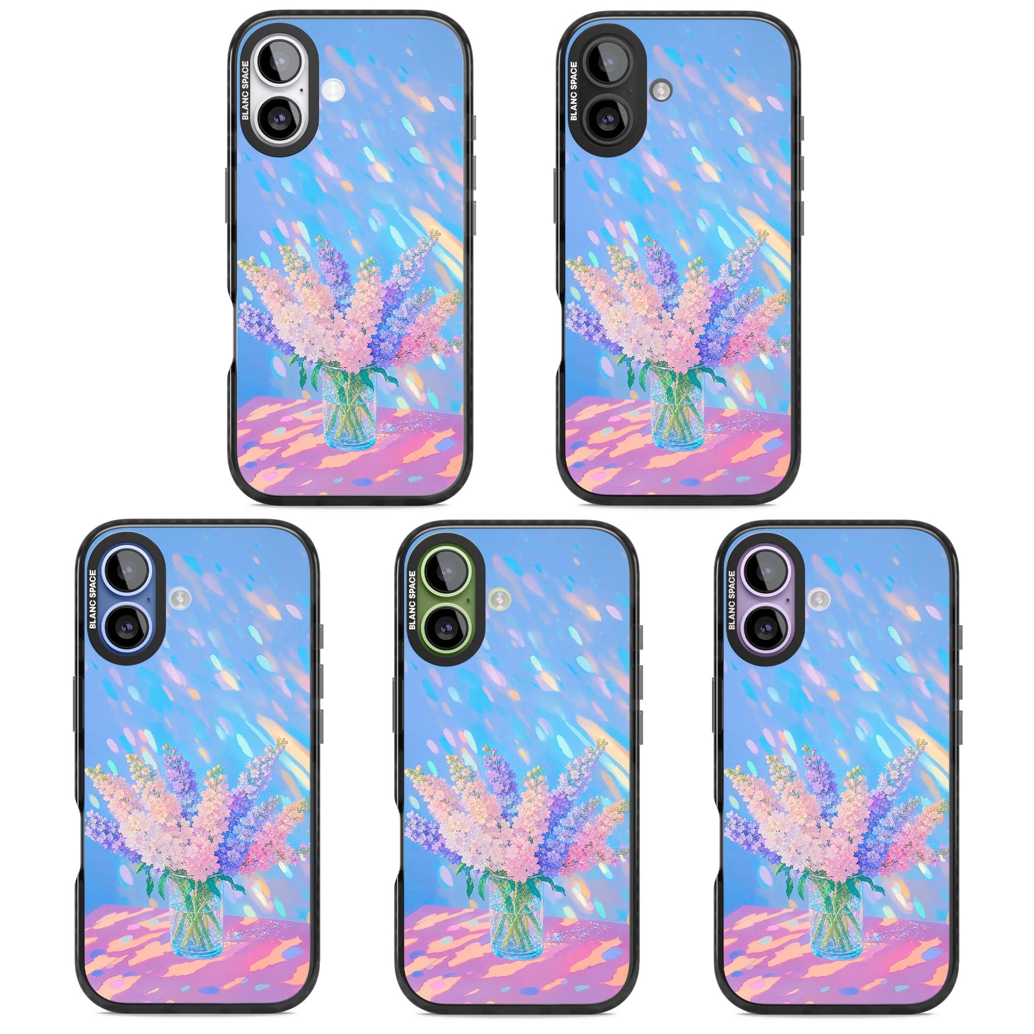 Bubblegum Flowers floral iPhone case featuring pastel lilac and pink bouquet in a glass vase with iridescent light | Black Impact Magsafe case for iPhone 17