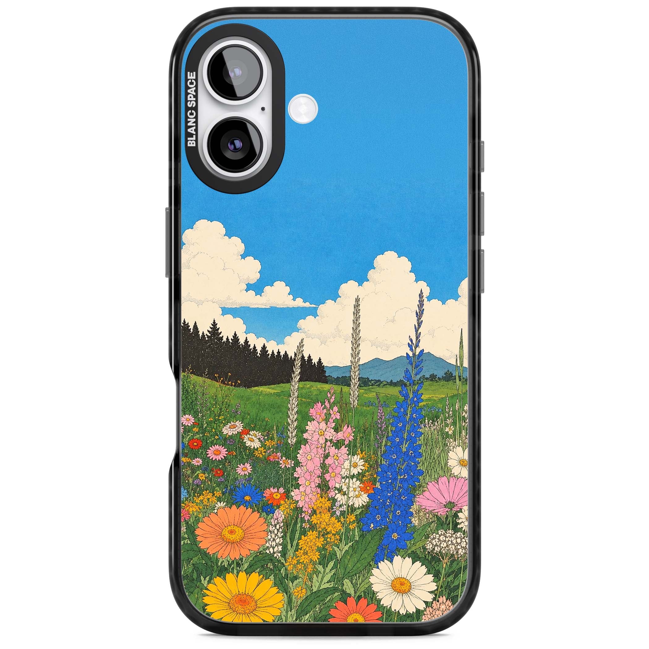 Wildbloom wildflower iPhone case featuring a vintage Japanese-style meadow landscape with daisies, delphiniums and moun | Black Impact Magsafe case for iPhone 17