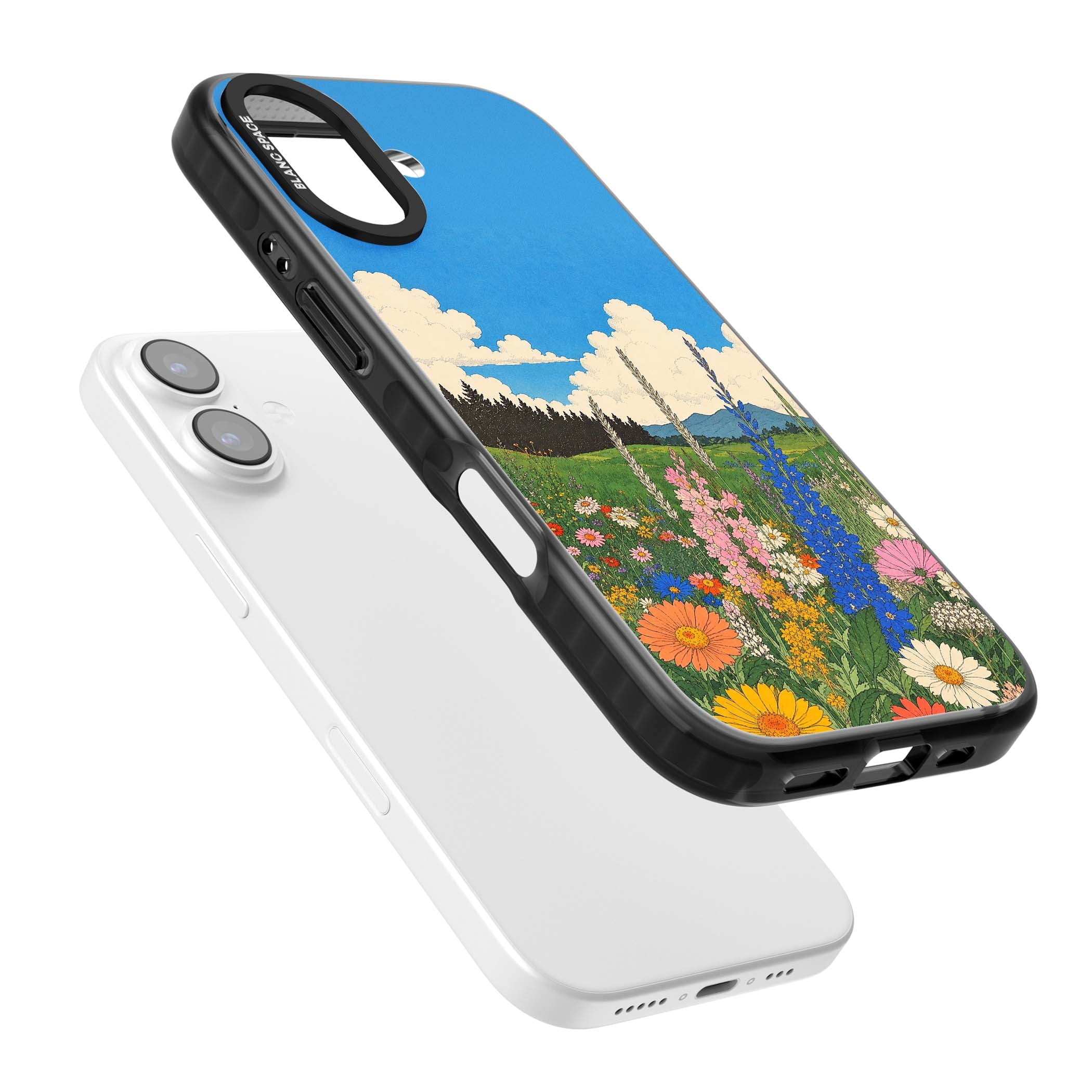 Wildbloom wildflower iPhone case featuring a vintage Japanese-style meadow landscape with daisies, delphiniums and moun | Black Impact Magsafe case for iPhone 17