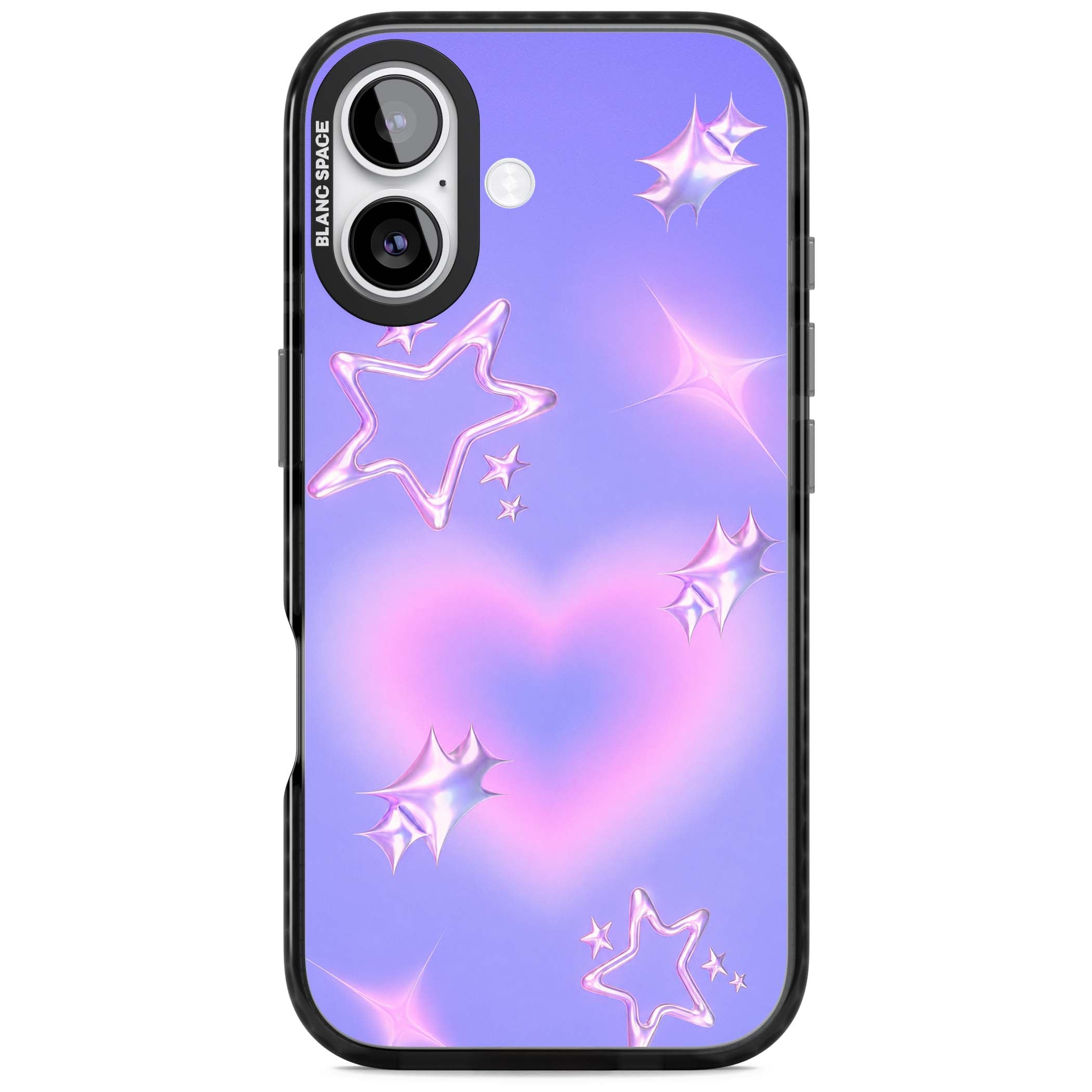 Soft Sugar Y2K iPhone case featuring iridescent chrome hearts, metallic pink stars and a lavender gradient sky | Black Impact Magsafe case for iPhone 17