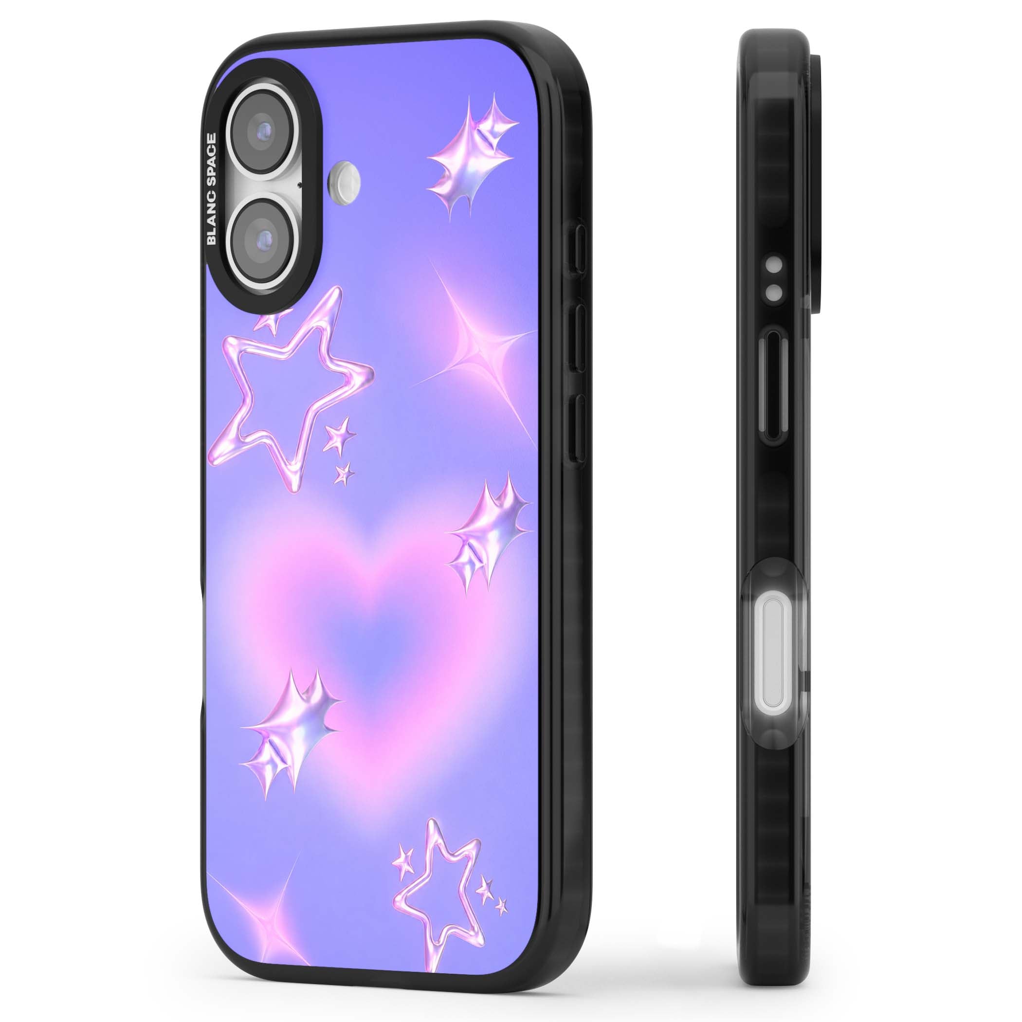 Soft Sugar Y2K iPhone case featuring iridescent chrome hearts, metallic pink stars and a lavender gradient sky | Black Impact Magsafe case for iPhone 17