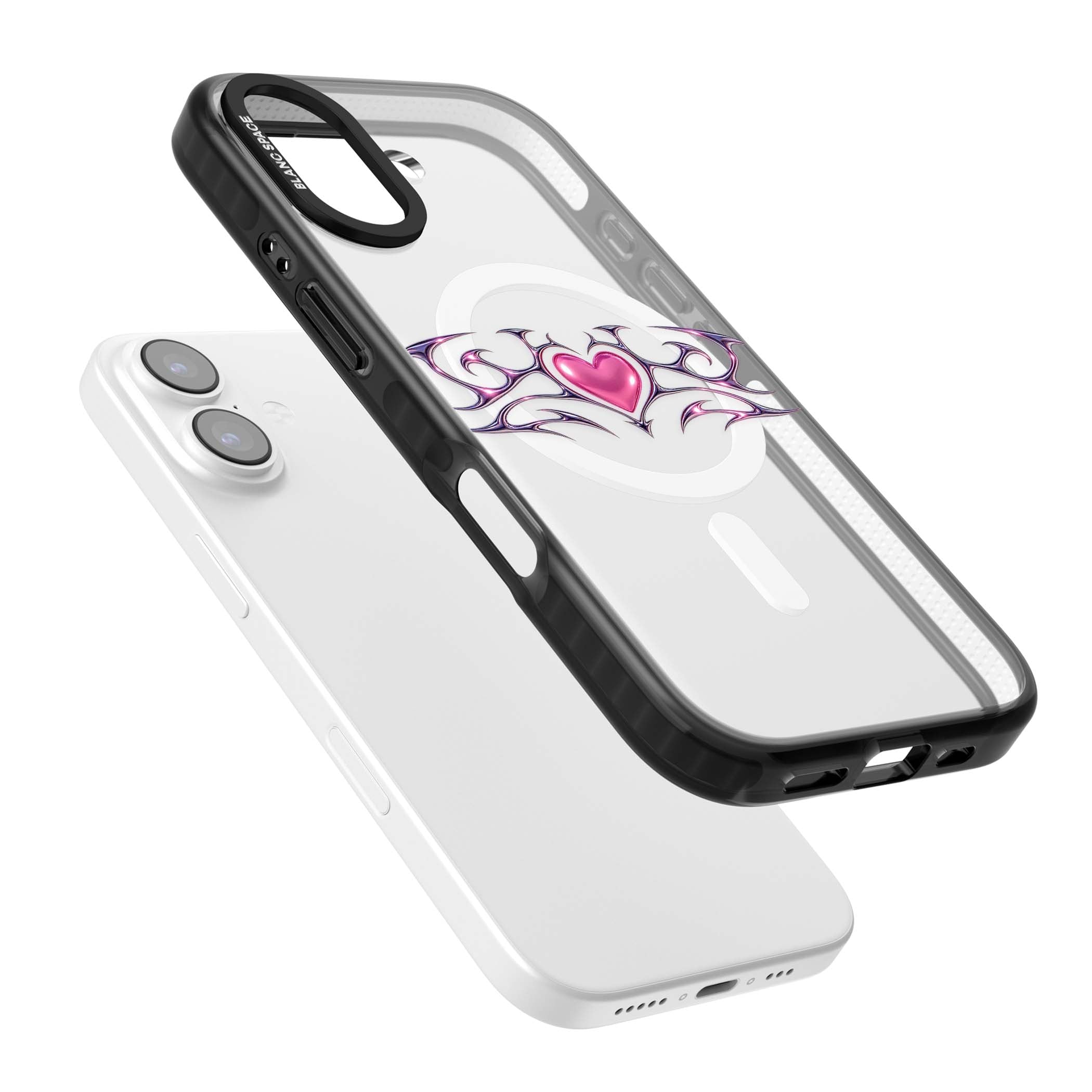 Pink Chrome Heart y2k iPhone case | Black Impact Magsafe case for iPhone 17