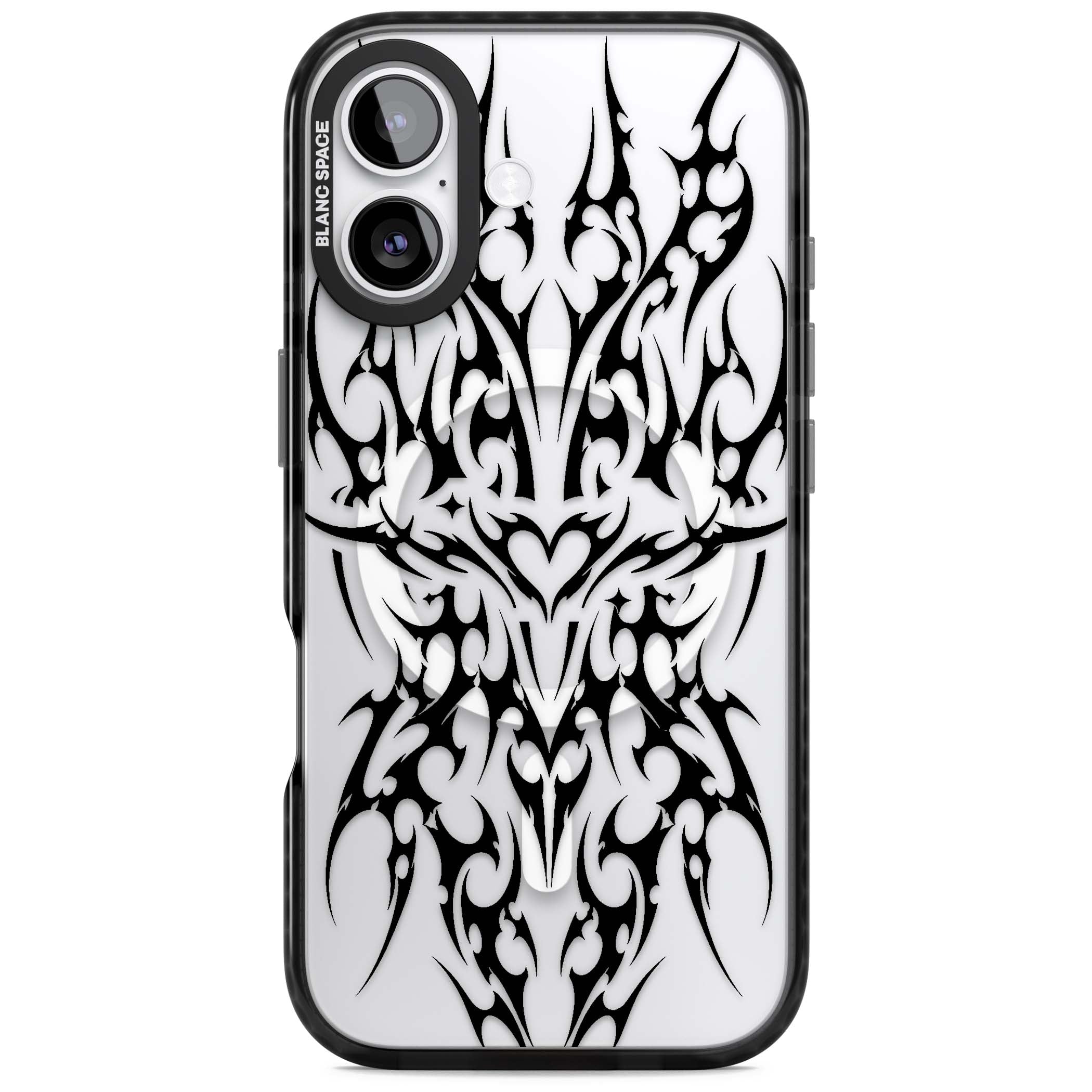 Neo Tribal Heart gothic iPhone case featuring symmetrical black tribal tattoo art with sharp thorn-like linework | Black Impact Magsafe case for iPhone 17