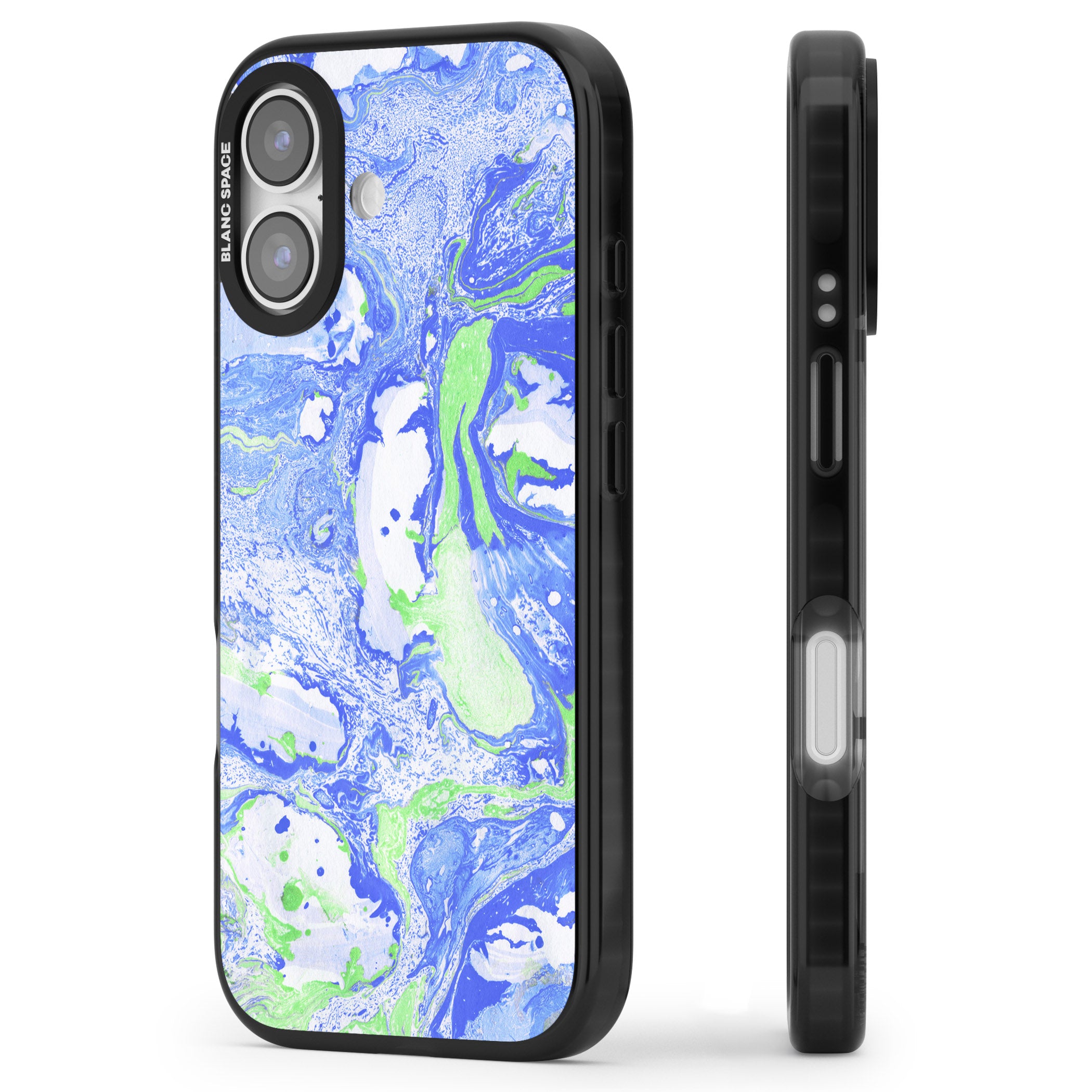 Dark Blue & Green Marbled Paper Pattern iPhone 17 Impact Black Phone Case Side Profile