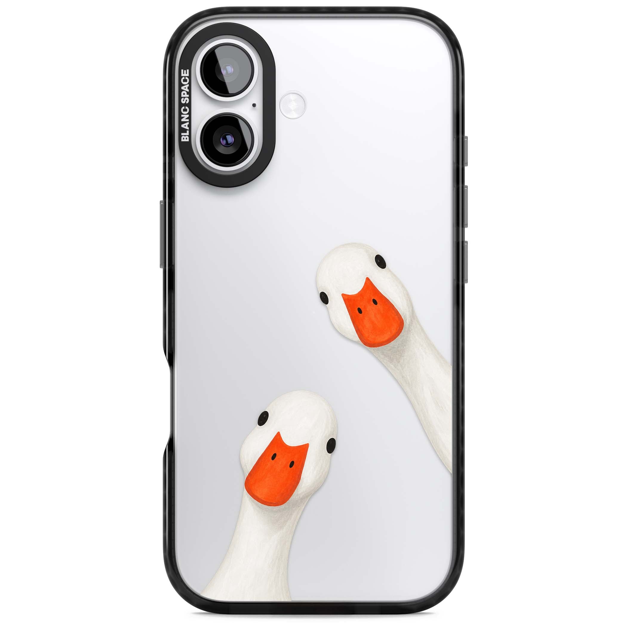 Nosy Ducks cottagecore iPhone case featuring two peeking white ducks with orange beaks on a clear background | Clear Impact case for iPhone 17