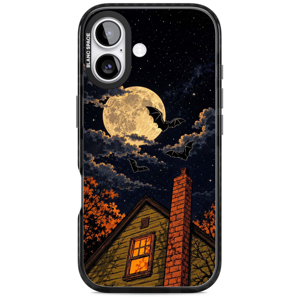Hollows Eve Halloween iPhone case featuring a haunted house, full moon and flying bats against a starry autumn sky | Clear Impact case for iPhone 17