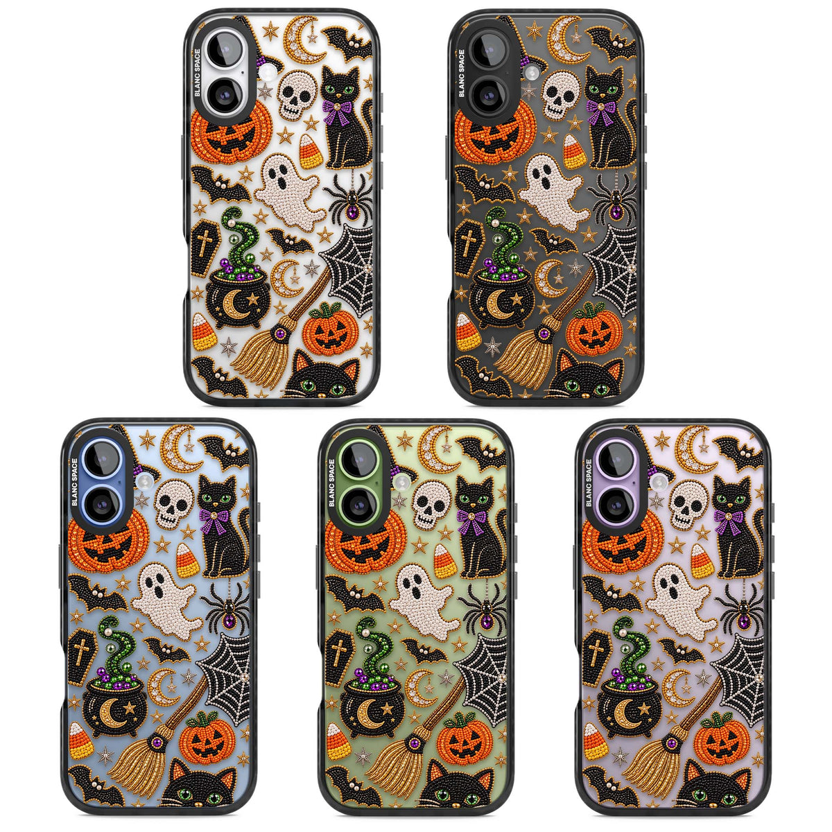 Beaded Halloween Halloween iPhone case featuring beaded pumpkins, ghosts, black cats and bats | Clear Impact case for iPhone 17