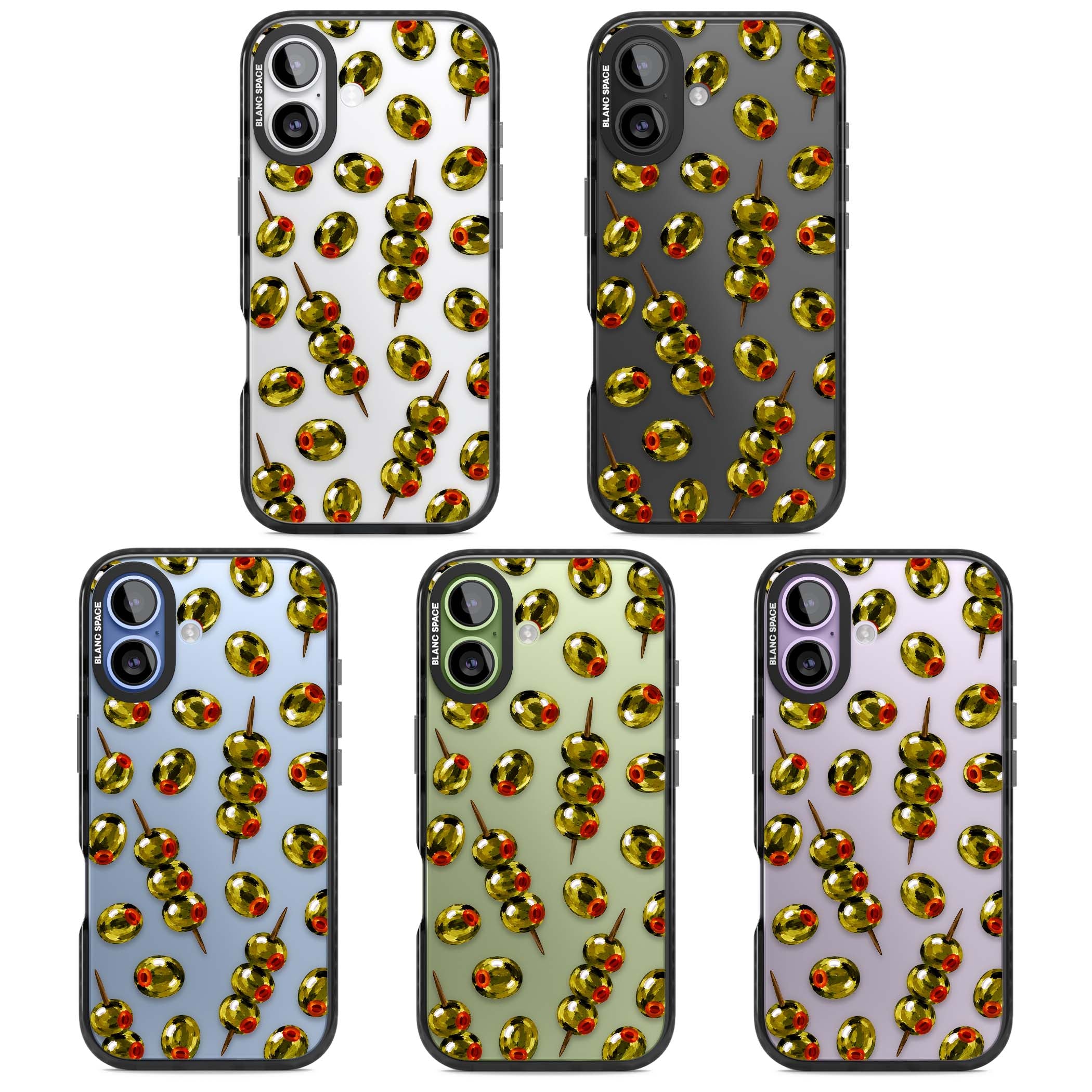 Painted Olives cocktail iPhone case featuring green olives, pimento centres and toothpick skewers on a clear background | Clear Impact case for iPhone 17