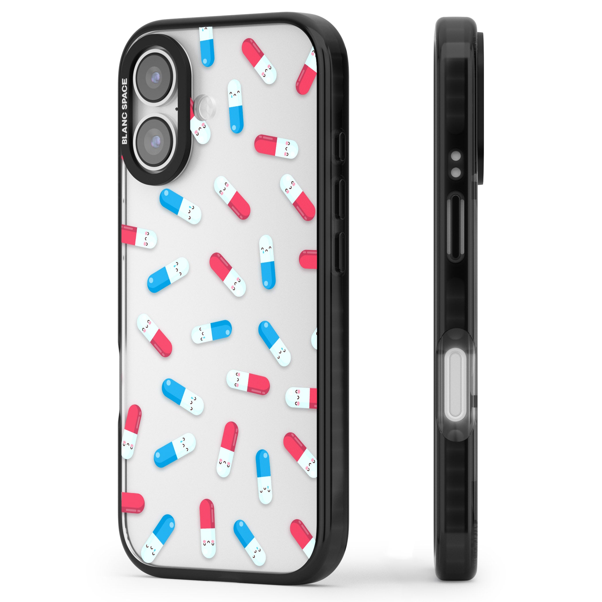 Kawaii Pill Pattern iPhone 17 Impact Black Phone Case Side Profile