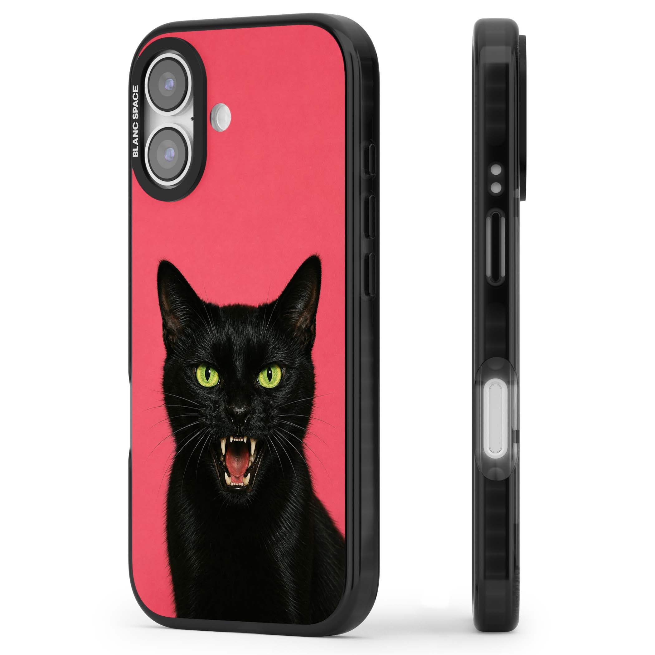 Hissin' Baddie black cat iPhone case featuring a hissing feline with green eyes on a hot pink background | Clear Impact case for iPhone 17
