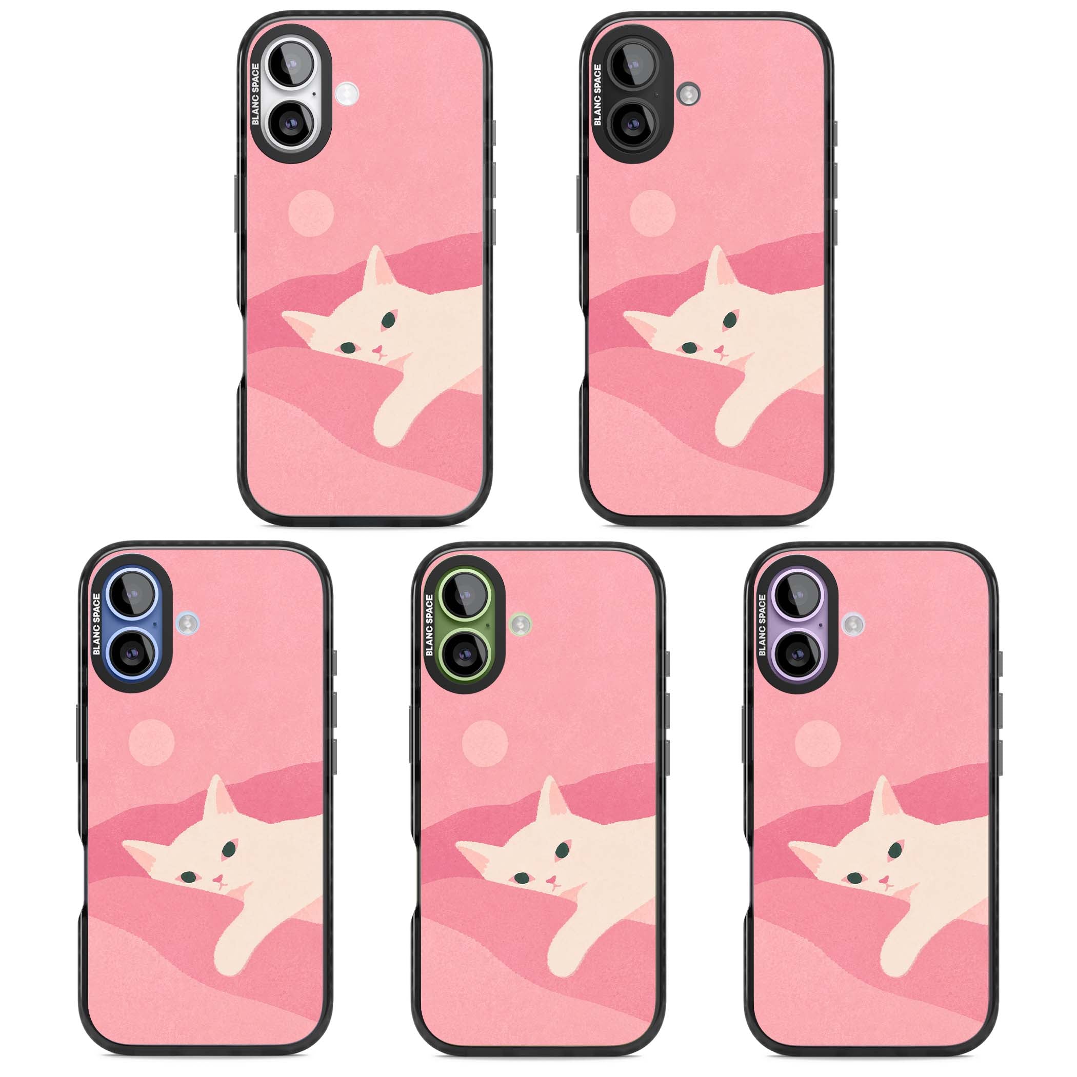 Pink Dreams cute cat iPhone case featuring a white kitten, soft pink hills and a pale pastel sun | Clear Impact case for iPhone 17