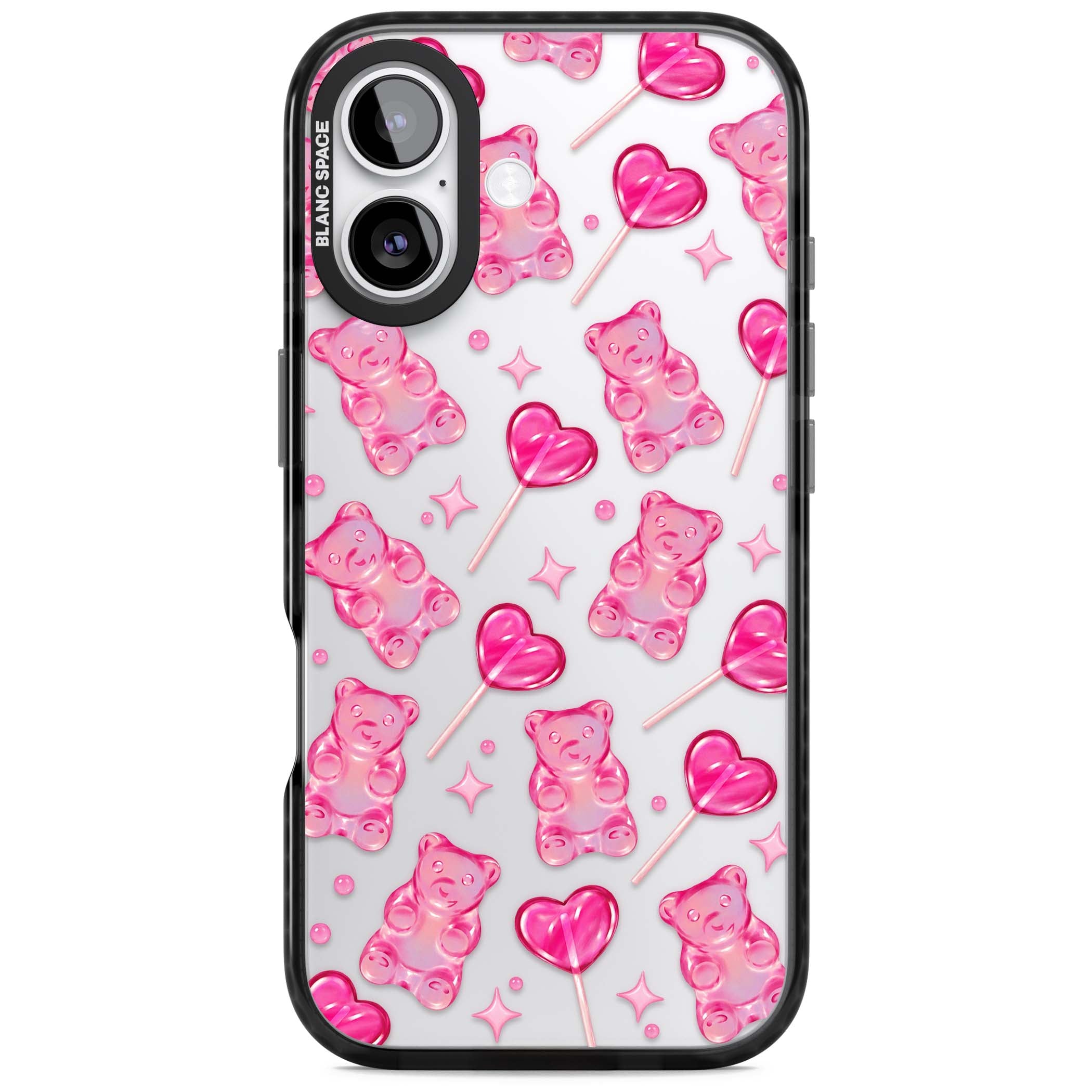 Pink Sugar pinkcore iPhone case featuring pink gummy bears, heart-shaped lollipops and sparkle stars | Clear Impact case for iPhone 17