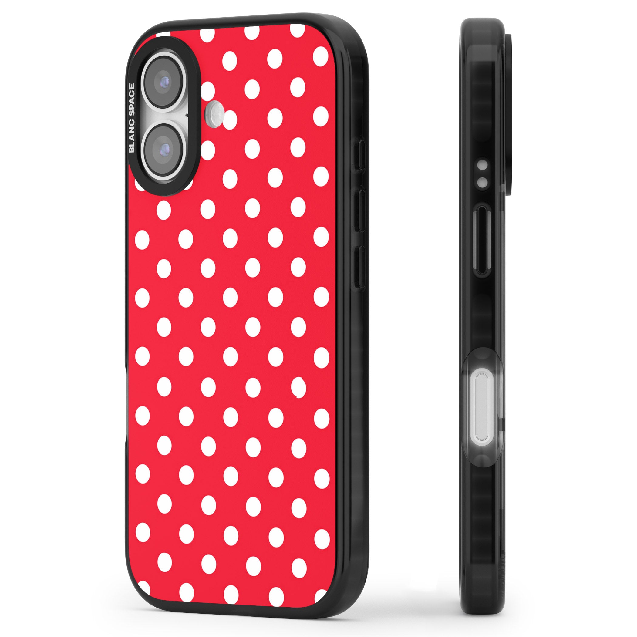 Designer Lava Red Polka Dot iPhone 17 Impact Black Phone Case Side Profile