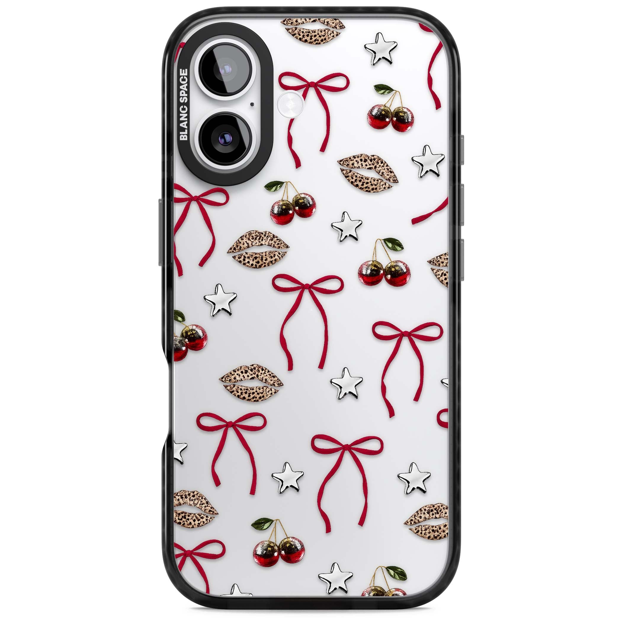 Starlet coquette iPhone case featuring red ribbon bows, disco cherries and leopard-print lips | Clear Impact case for iPhone 17