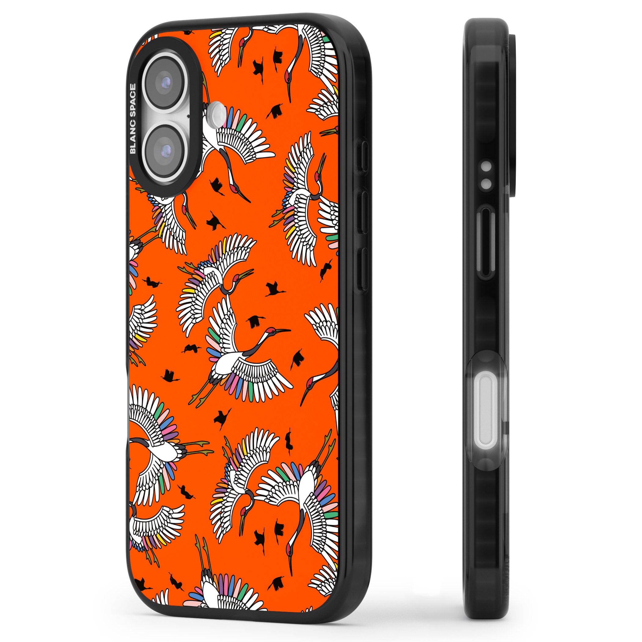 Colourful Crane Pattern (Orange) iPhone 17 Impact Black Phone Case Side Profile