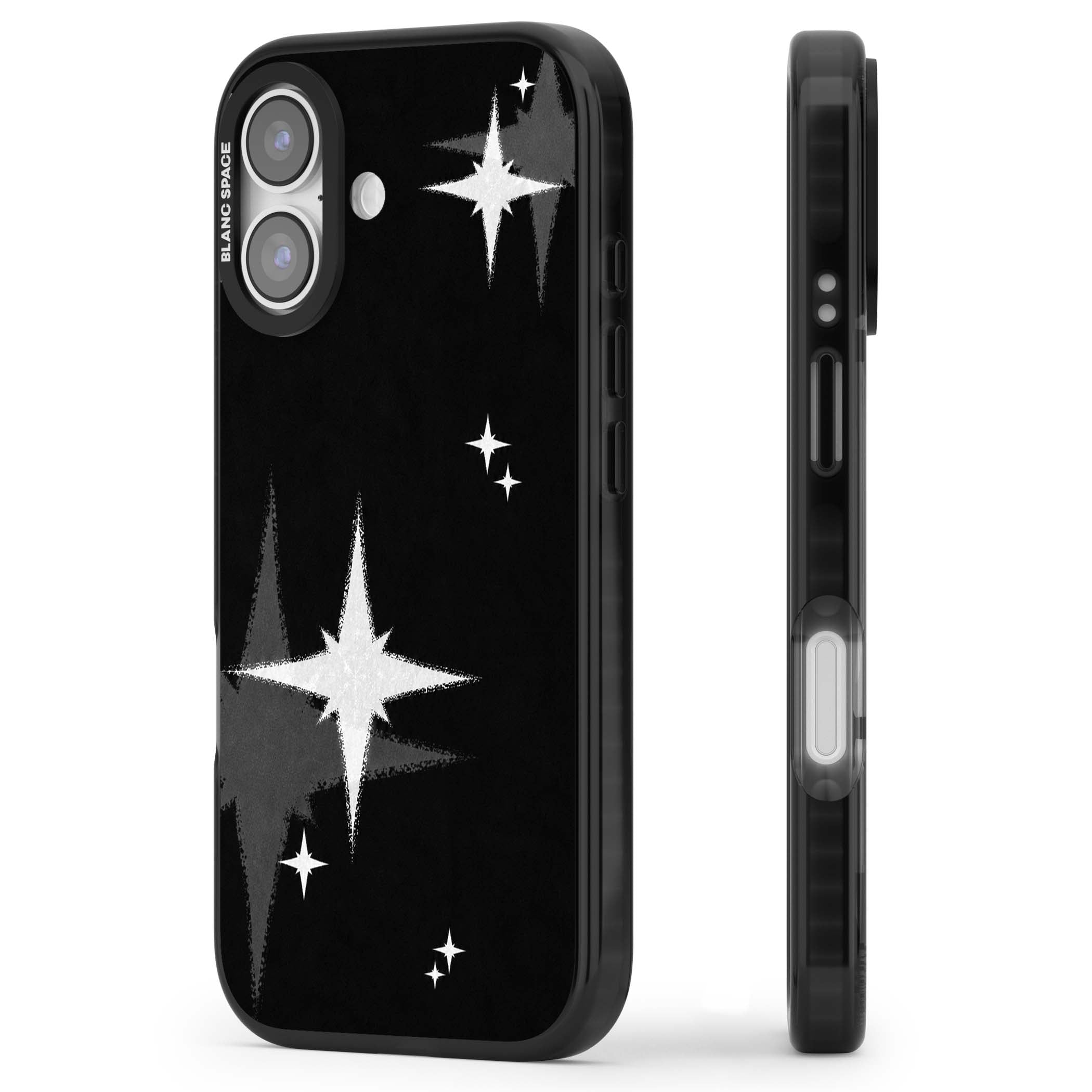 Black Sparkle celestial iPhone case featuring white sparkle stars on a black night sky background | Clear Impact case for iPhone 17