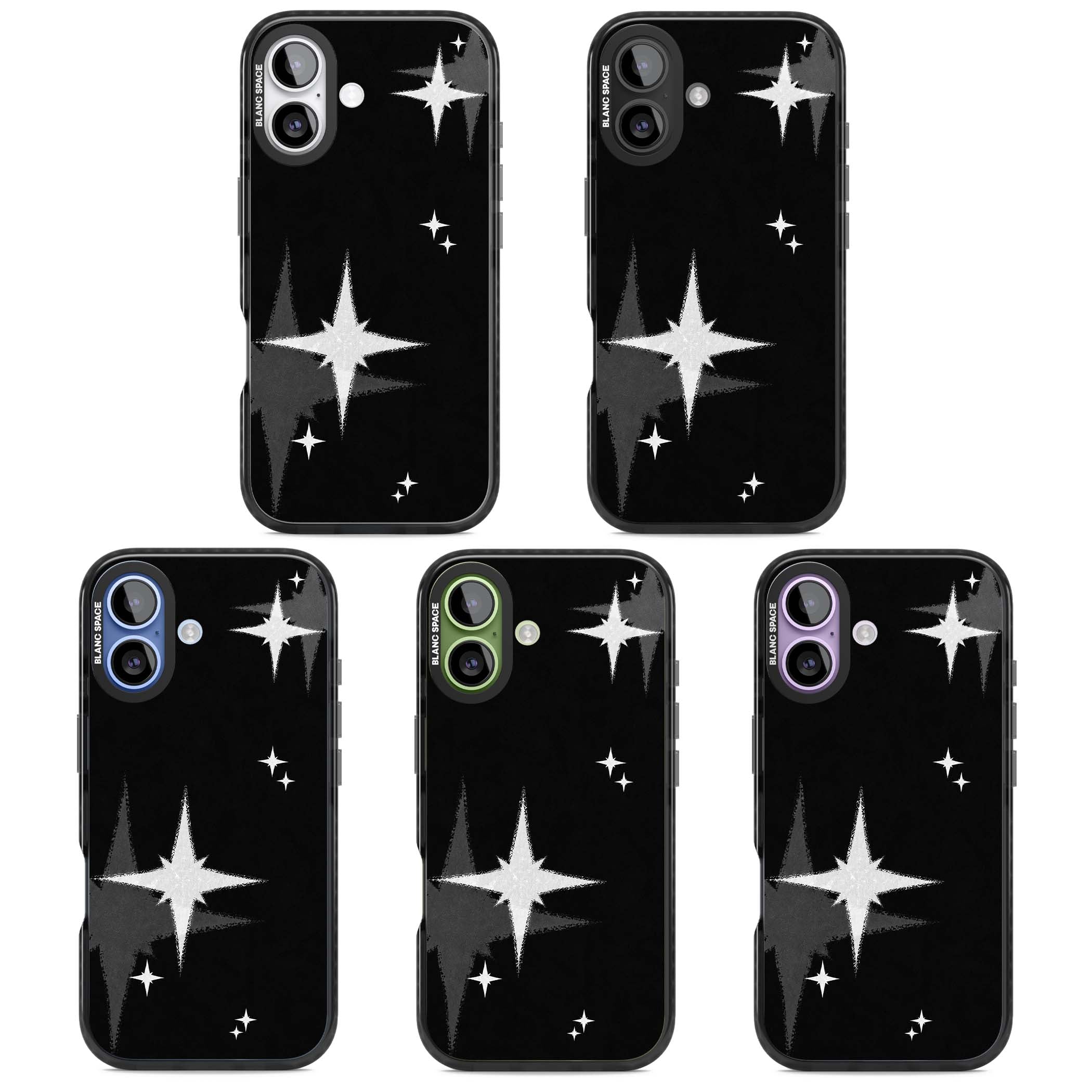 Black Sparkle celestial iPhone case featuring white sparkle stars on a black night sky background | Clear Impact case for iPhone 17
