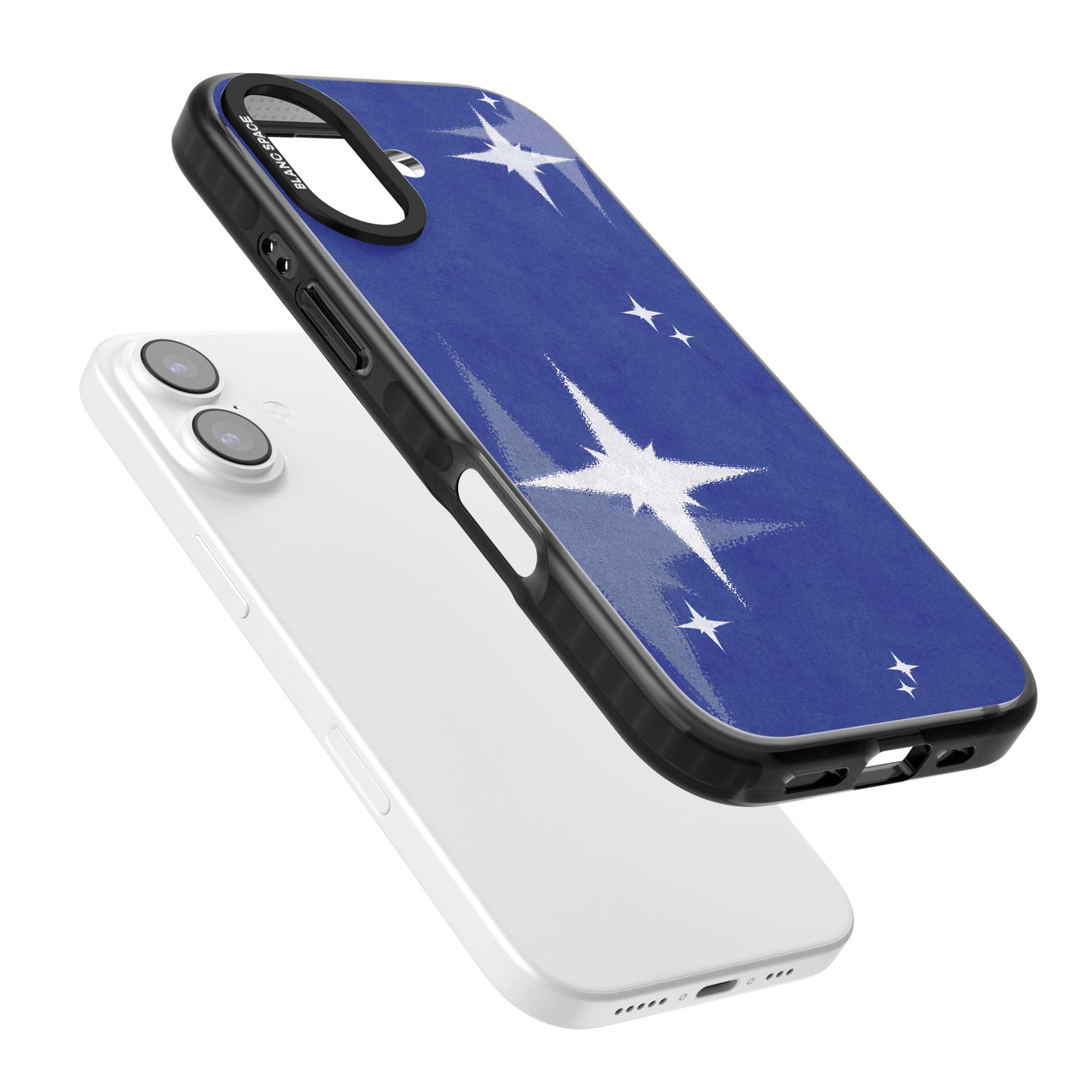 Blue Sparkle celestial iPhone case featuring sparkling silver stars on a deep blue painterly night sky | Clear Impact case for iPhone 17