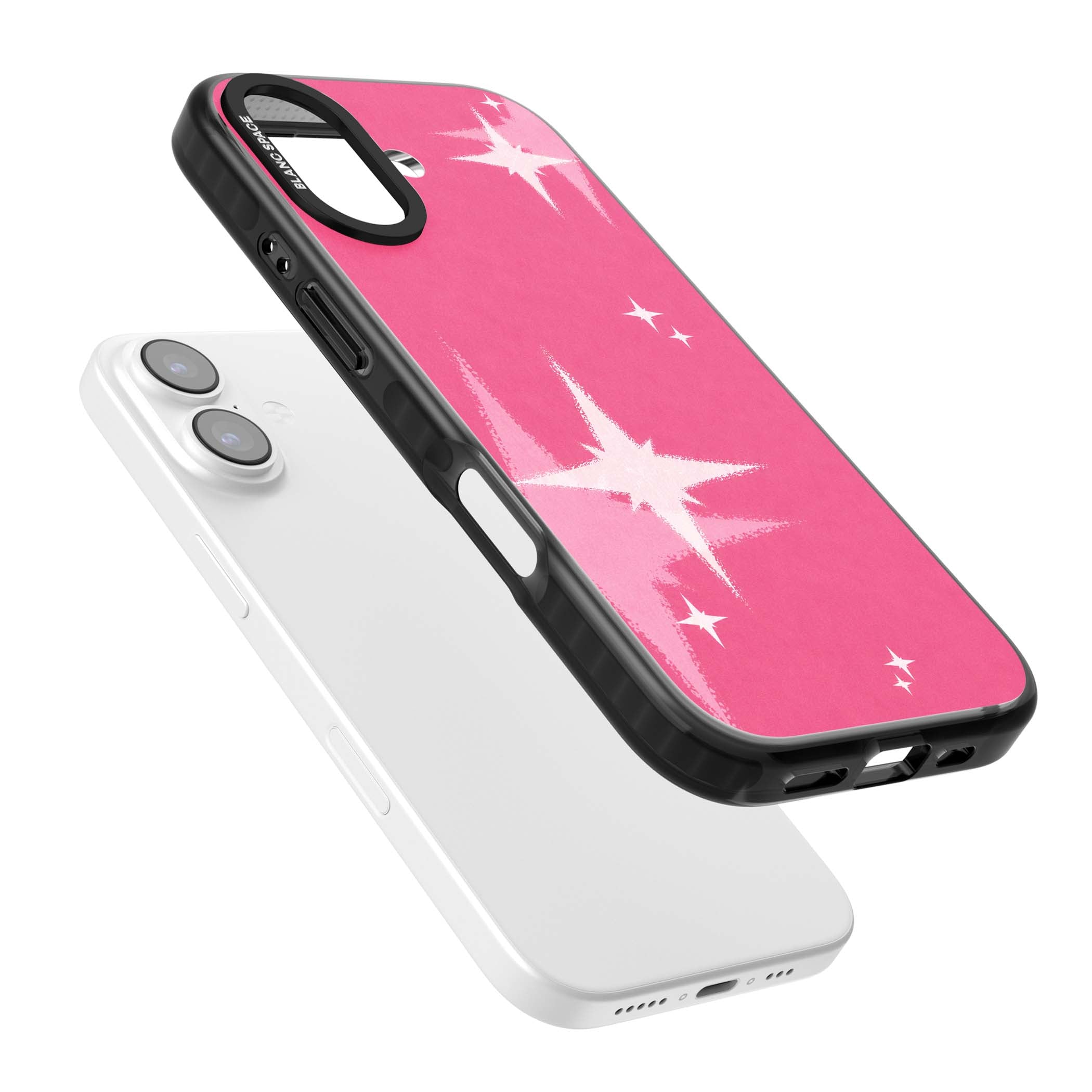 Pink Sparkle Y2K iPhone case featuring hot pink background with shimmering white starburst pattern | Clear Impact case for iPhone 17