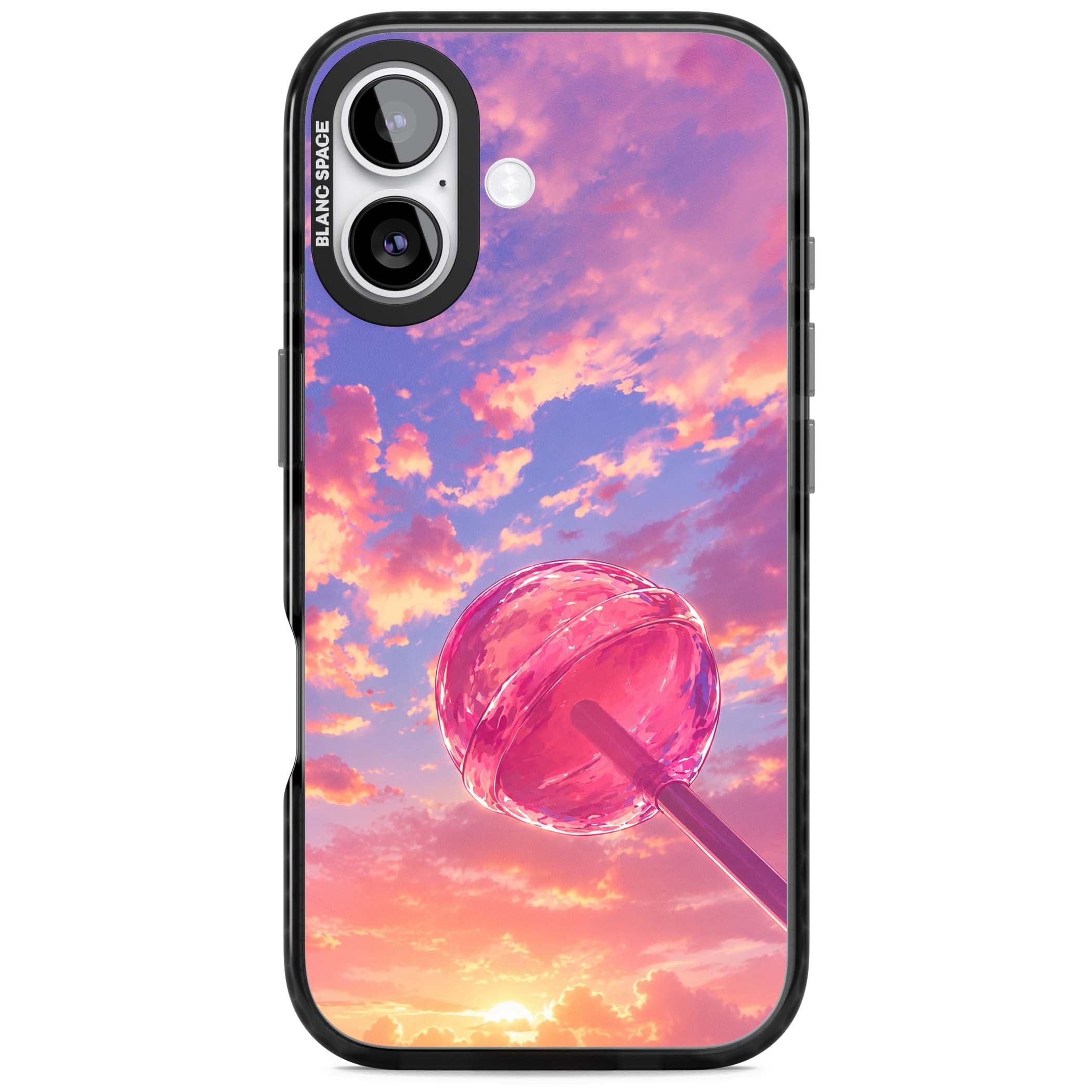 Sugar Sunset candy aesthetic iPhone case featuring a pink lollipop, pastel sunset sky and dreamy clouds | Clear Impact case for iPhone 17