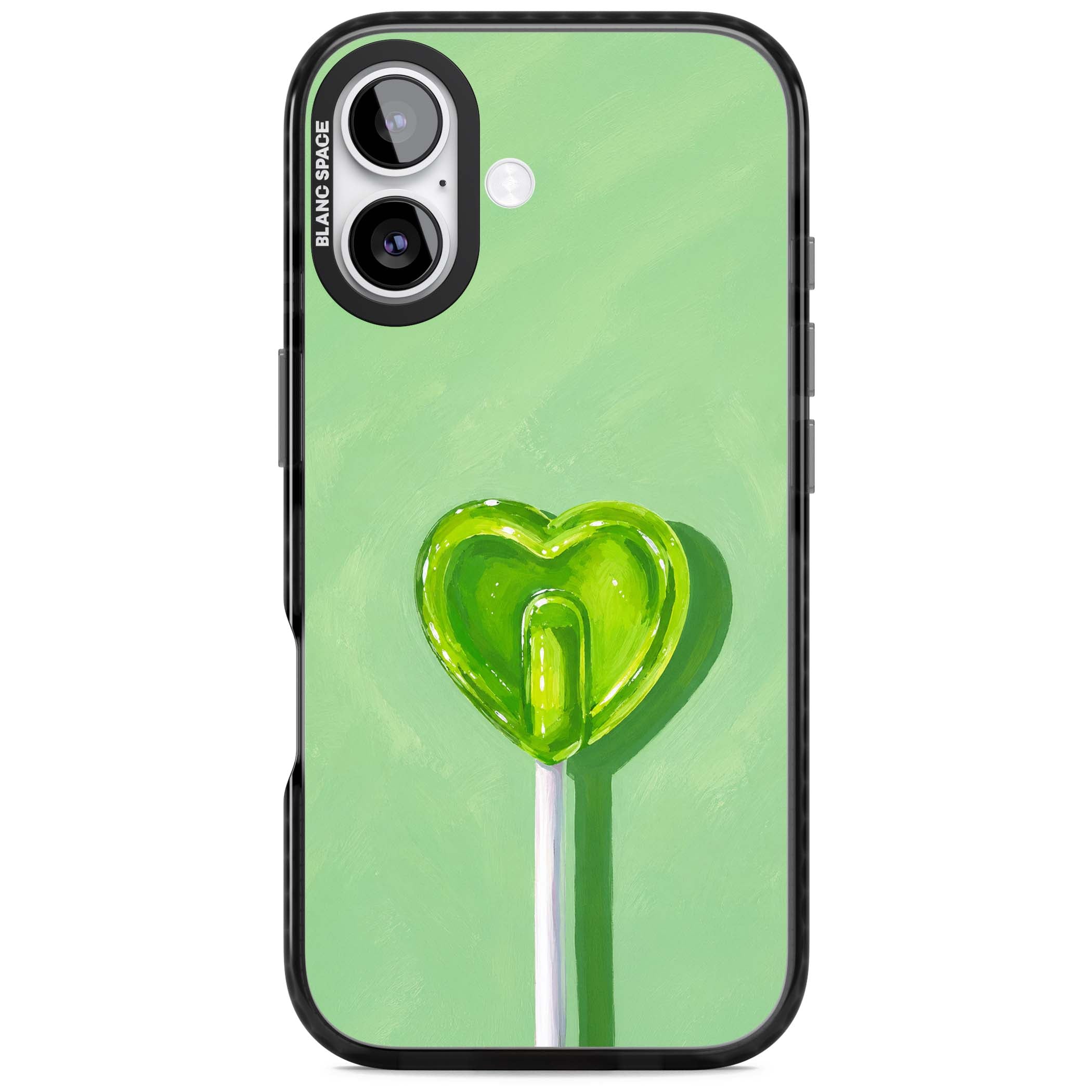 Green Lollipop candy art iPhone case featuring a glossy green heart-shaped lollipop on a painted pastel green background | Clear Impact case for iPhone 17