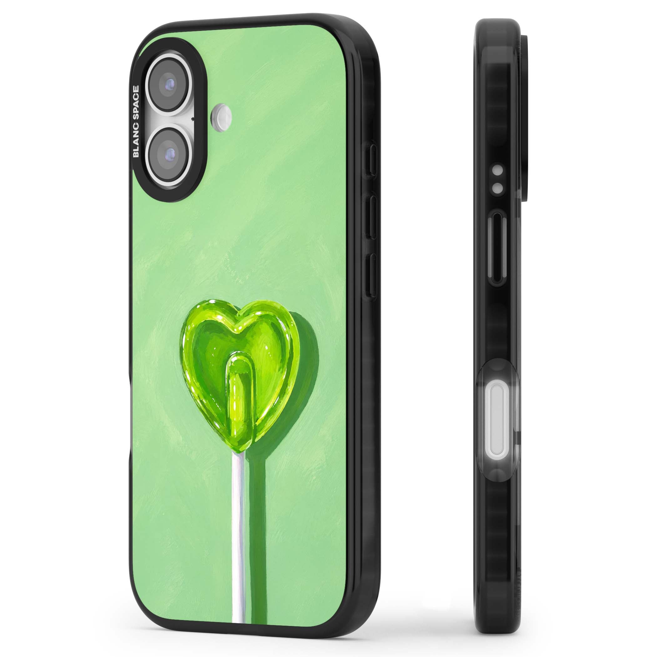 Green Lollipop candy art iPhone case featuring a glossy green heart-shaped lollipop on a painted pastel green background | Clear Impact case for iPhone 17