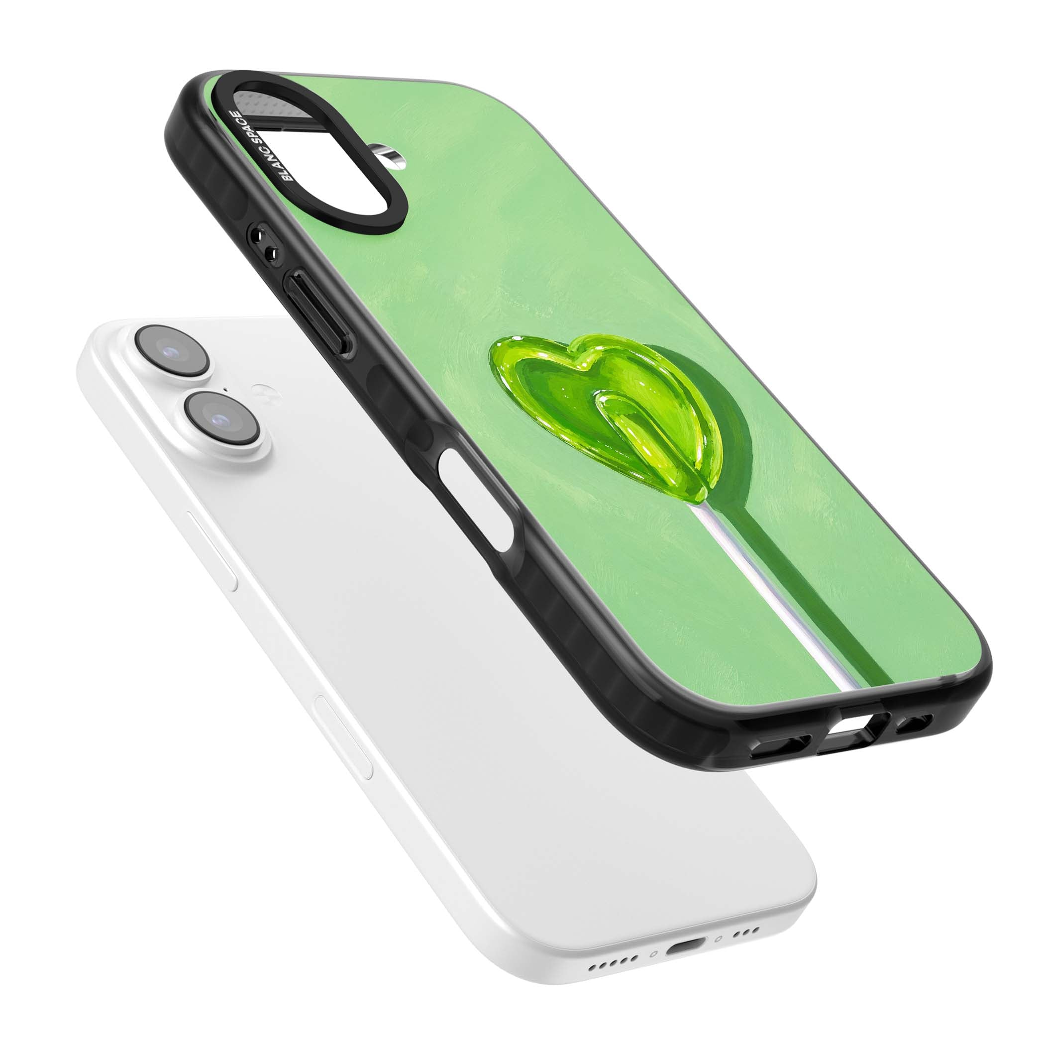 Green Lollipop candy art iPhone case featuring a glossy green heart-shaped lollipop on a painted pastel green background | Clear Impact case for iPhone 17