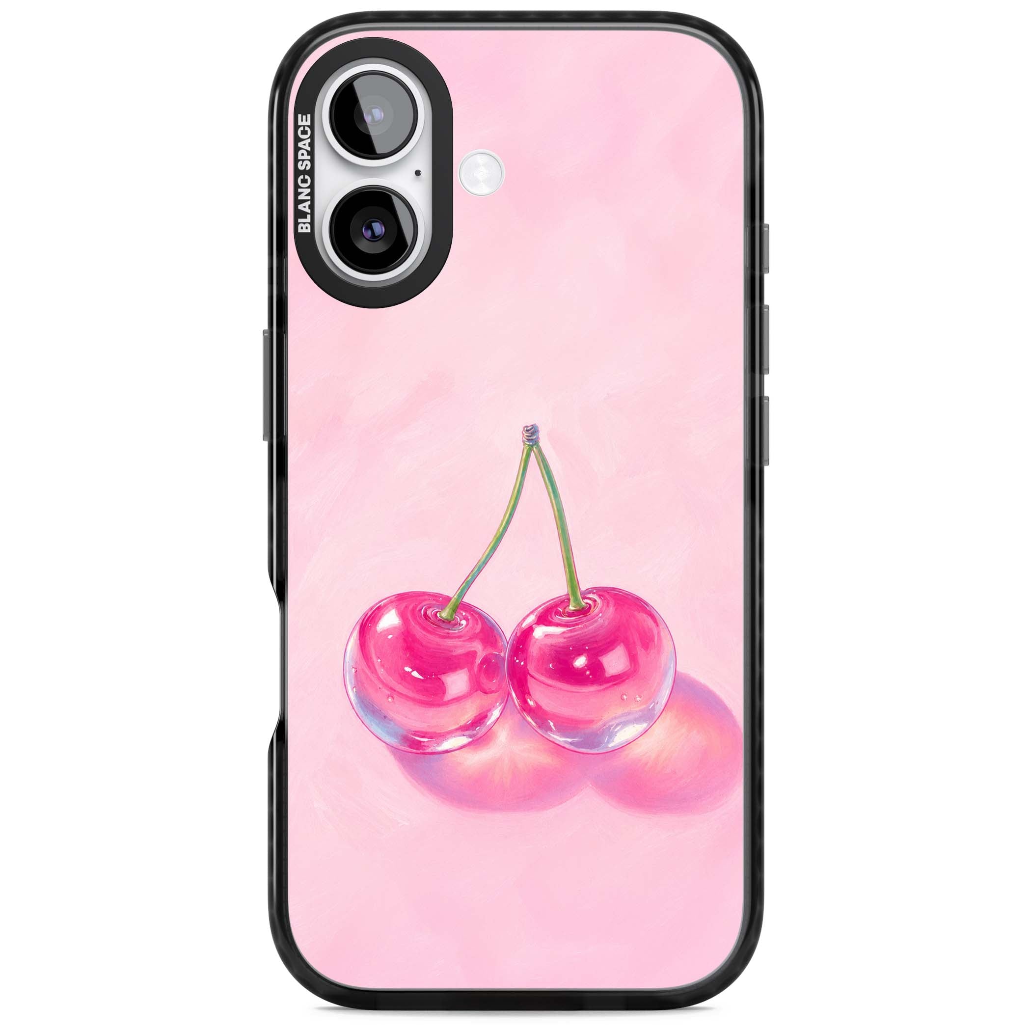 Pink Glass Cherry coquette iPhone case featuring two glossy painted cherries on a soft pink background | Clear Impact case for iPhone 17