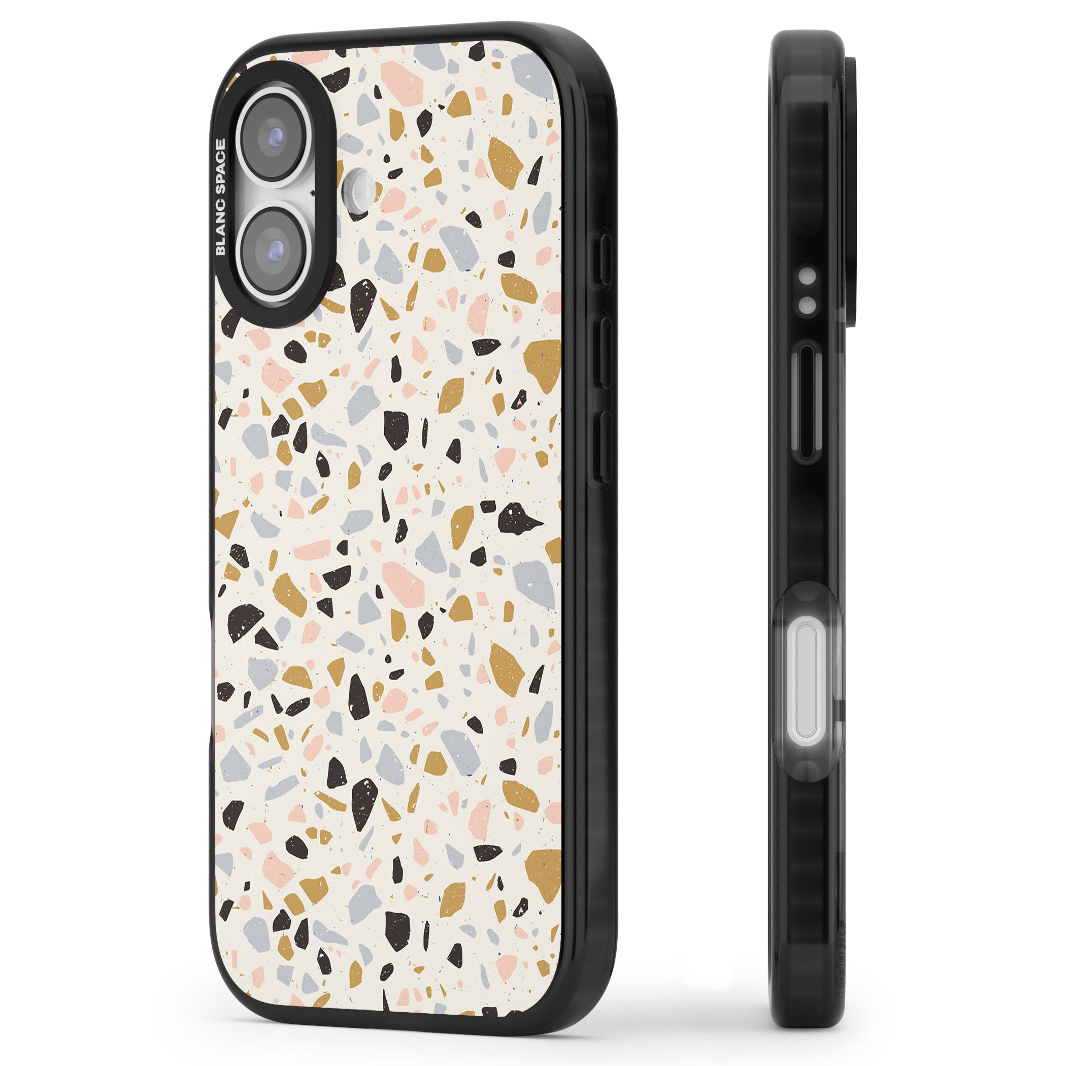 Pale Pink, Blue, & Mocha Terrazzo Pattern iPhone 17 Impact Black Phone Case Side Profile