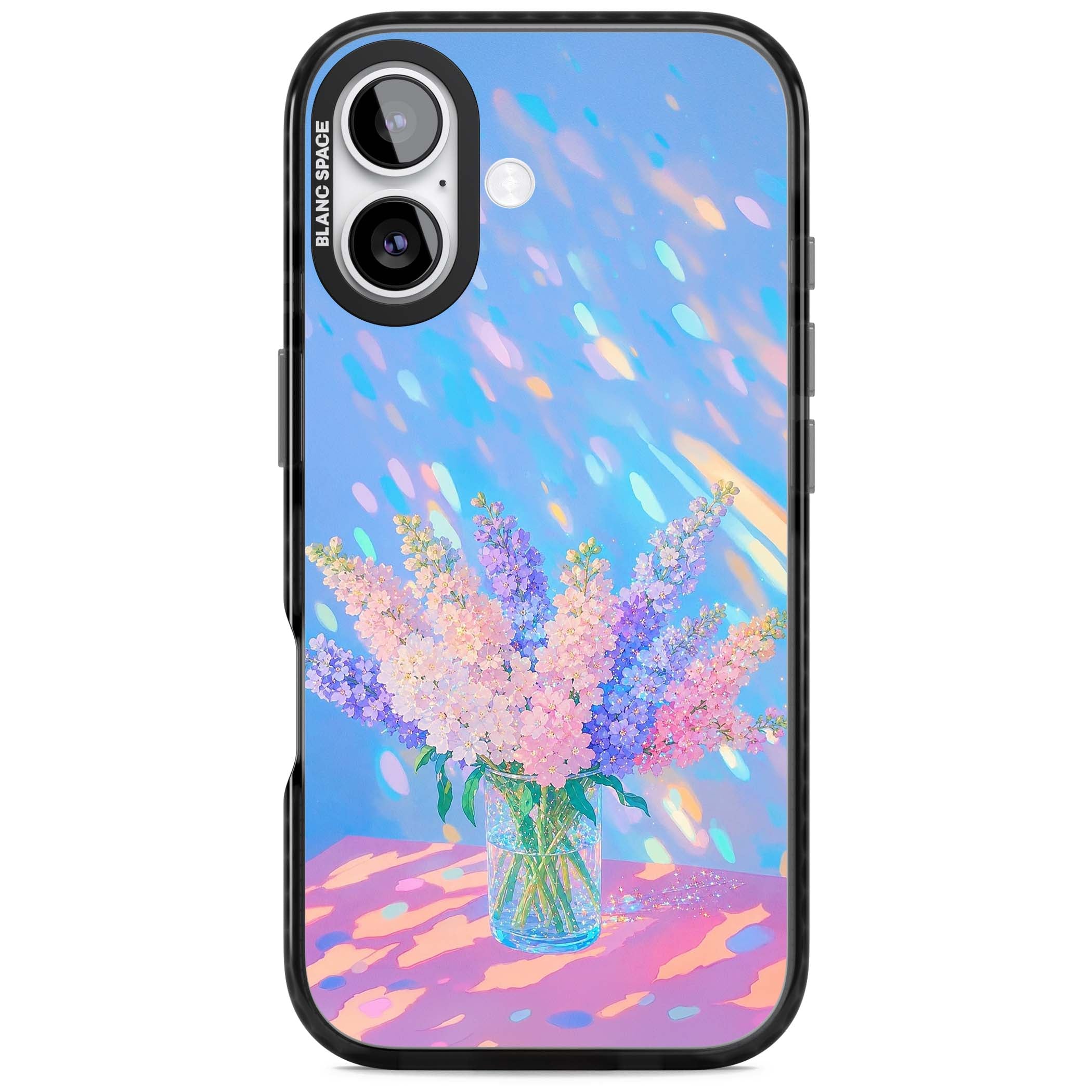 Bubblegum Flowers floral iPhone case featuring pastel lilac and pink bouquet in a glass vase with iridescent light | Clear Impact case for iPhone 17