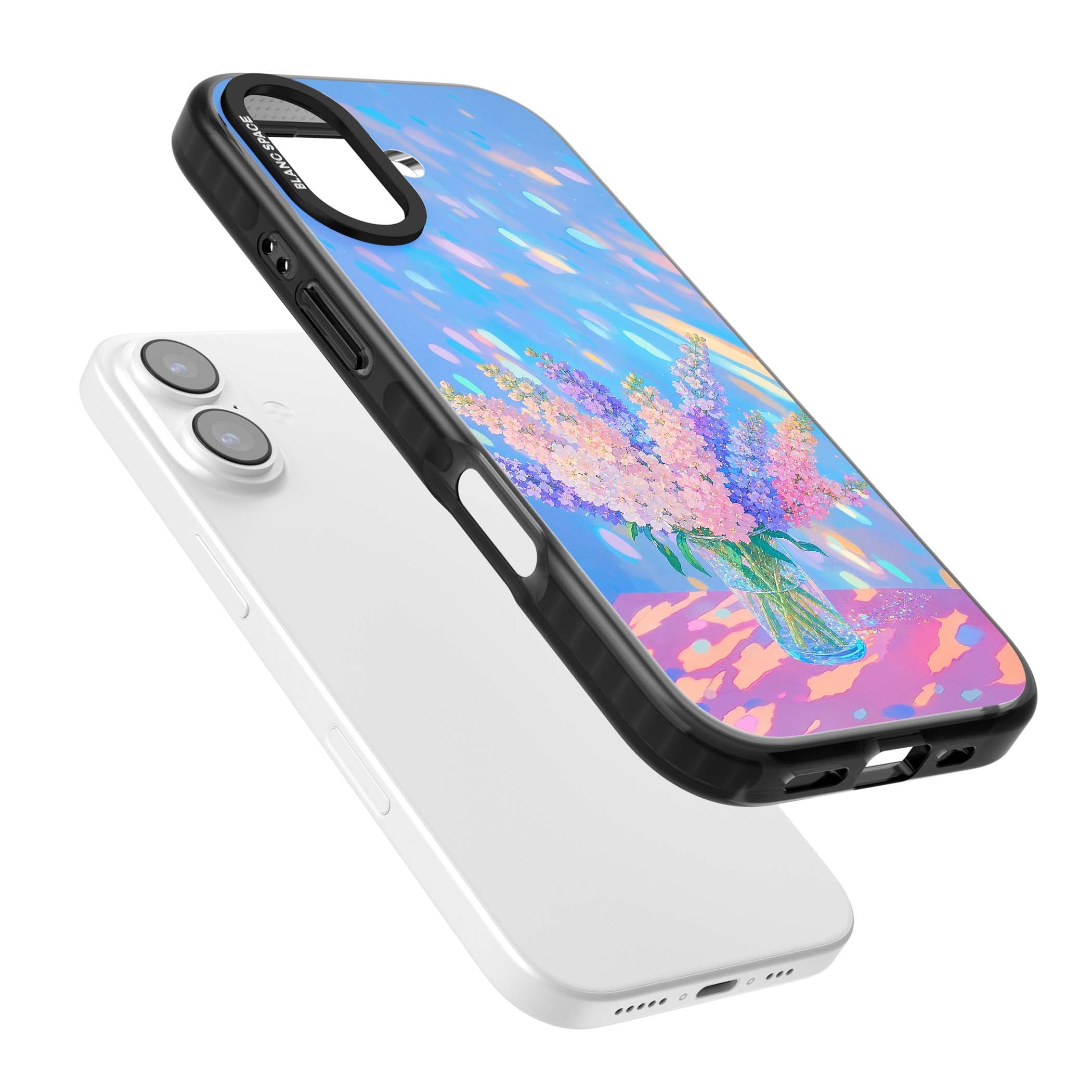 Bubblegum Flowers floral iPhone case featuring pastel lilac and pink bouquet in a glass vase with iridescent light | Clear Impact case for iPhone 17