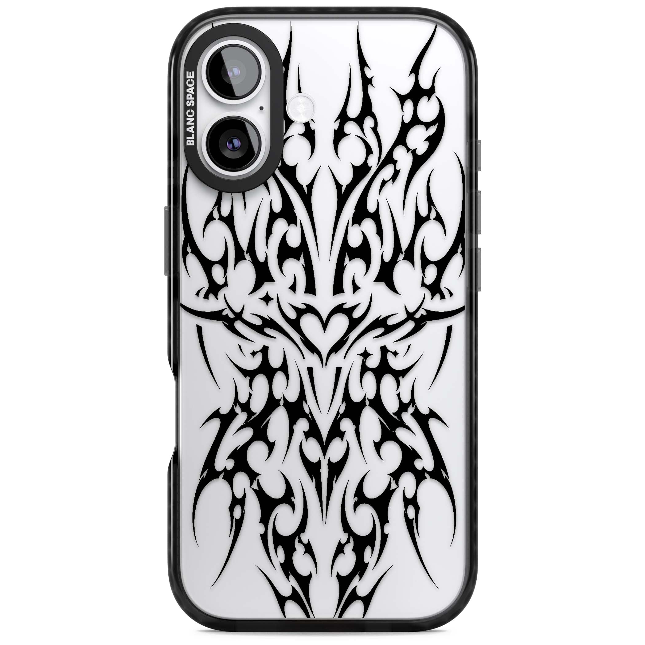 Neo Tribal Heart gothic iPhone case featuring symmetrical black tribal tattoo art with sharp thorn-like linework | Clear Impact case for iPhone 17
