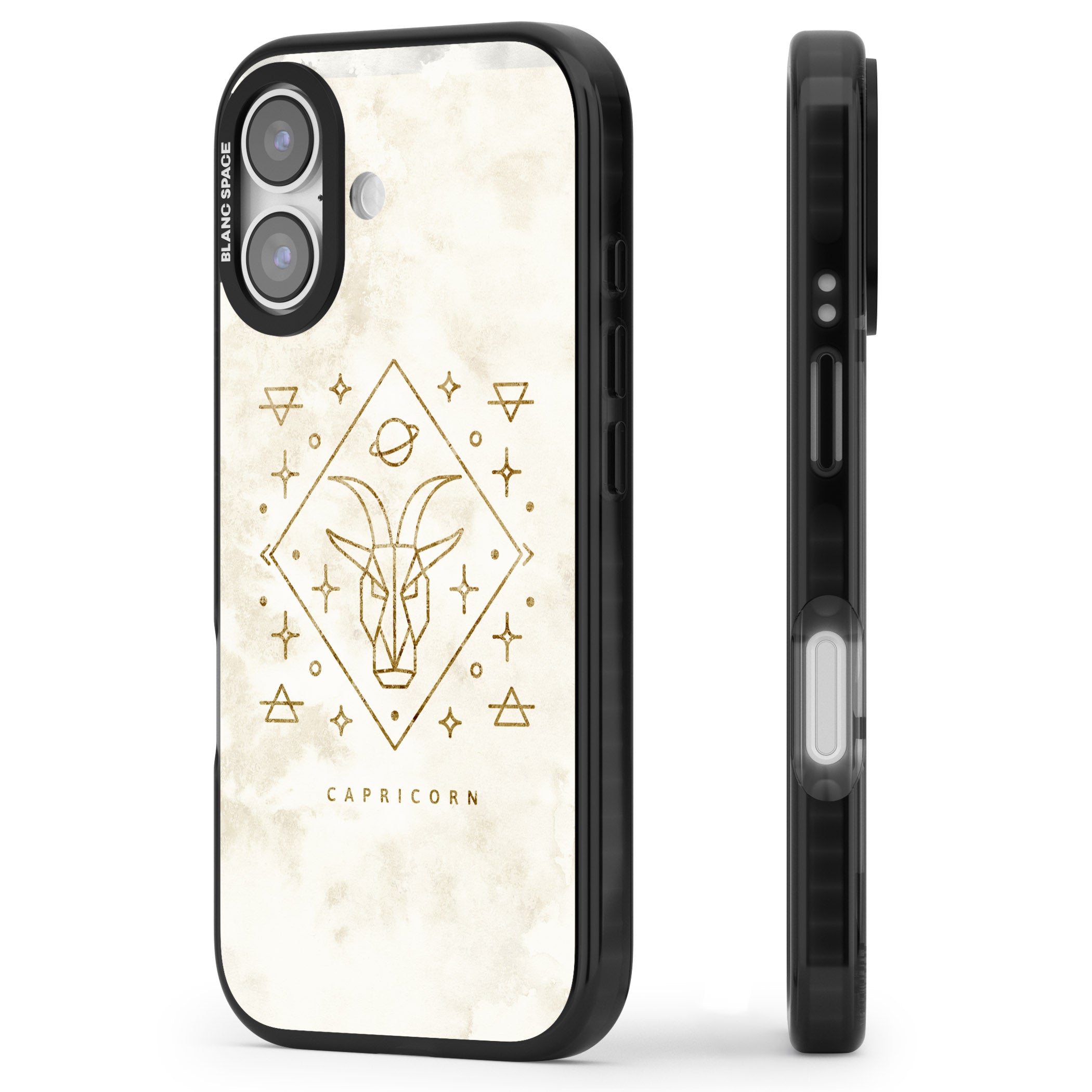 Capricorn Gold Zodiac Design iPhone 17 Impact Black Phone Case Side Profile