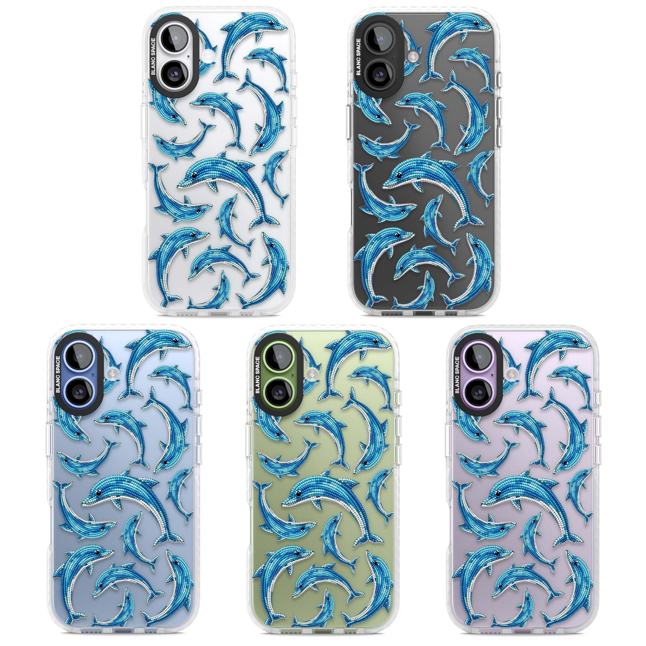 Beaded Dolphins coastal iPhone case featuring beaded dolphins in blue and white swimming across a clear background | Black Impact case for iPhone 17