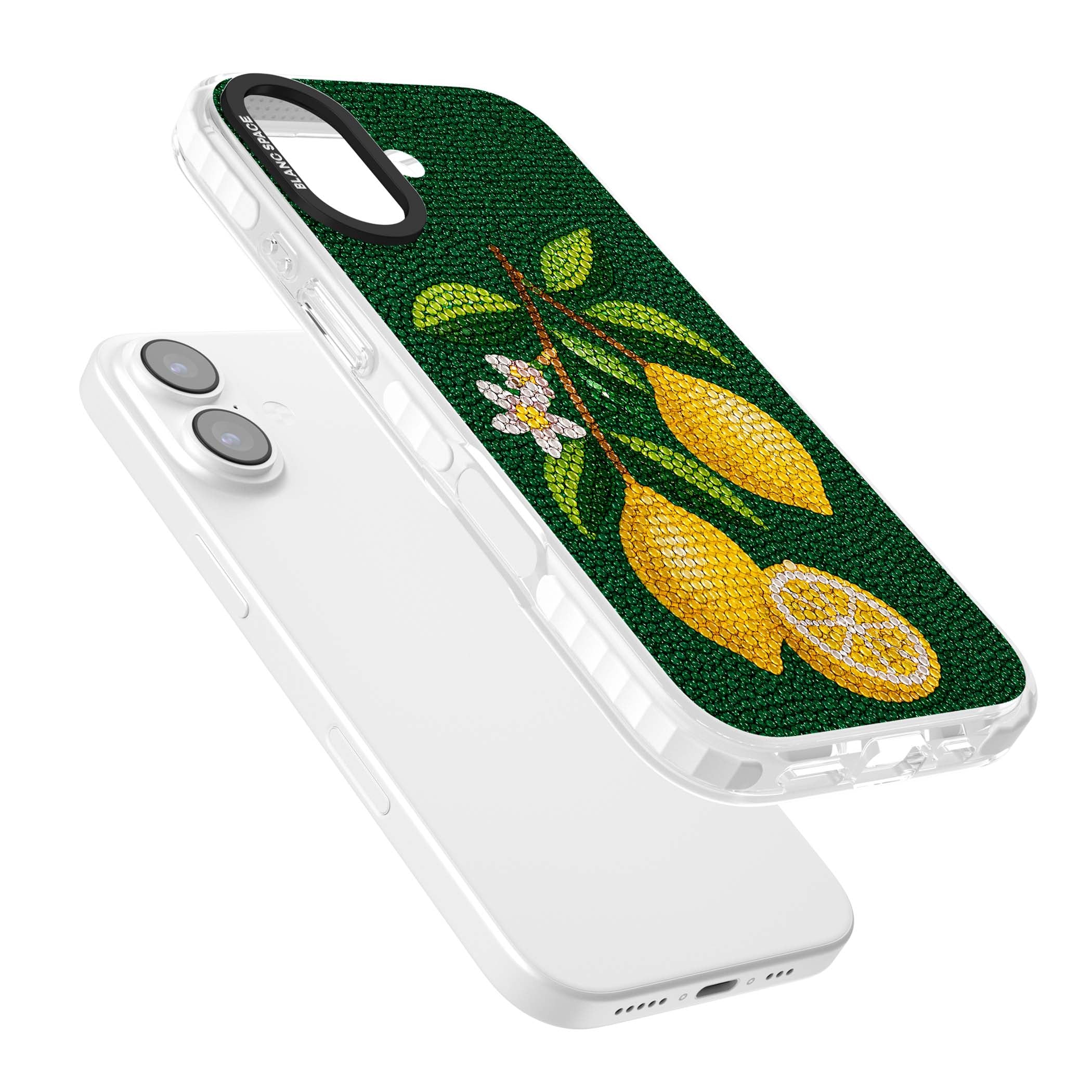 Beaded Lemons coastal iPhone case featuring crystal-beaded lemons, citrus blossom and green leaves on emerald ground | Black Impact case for iPhone 17