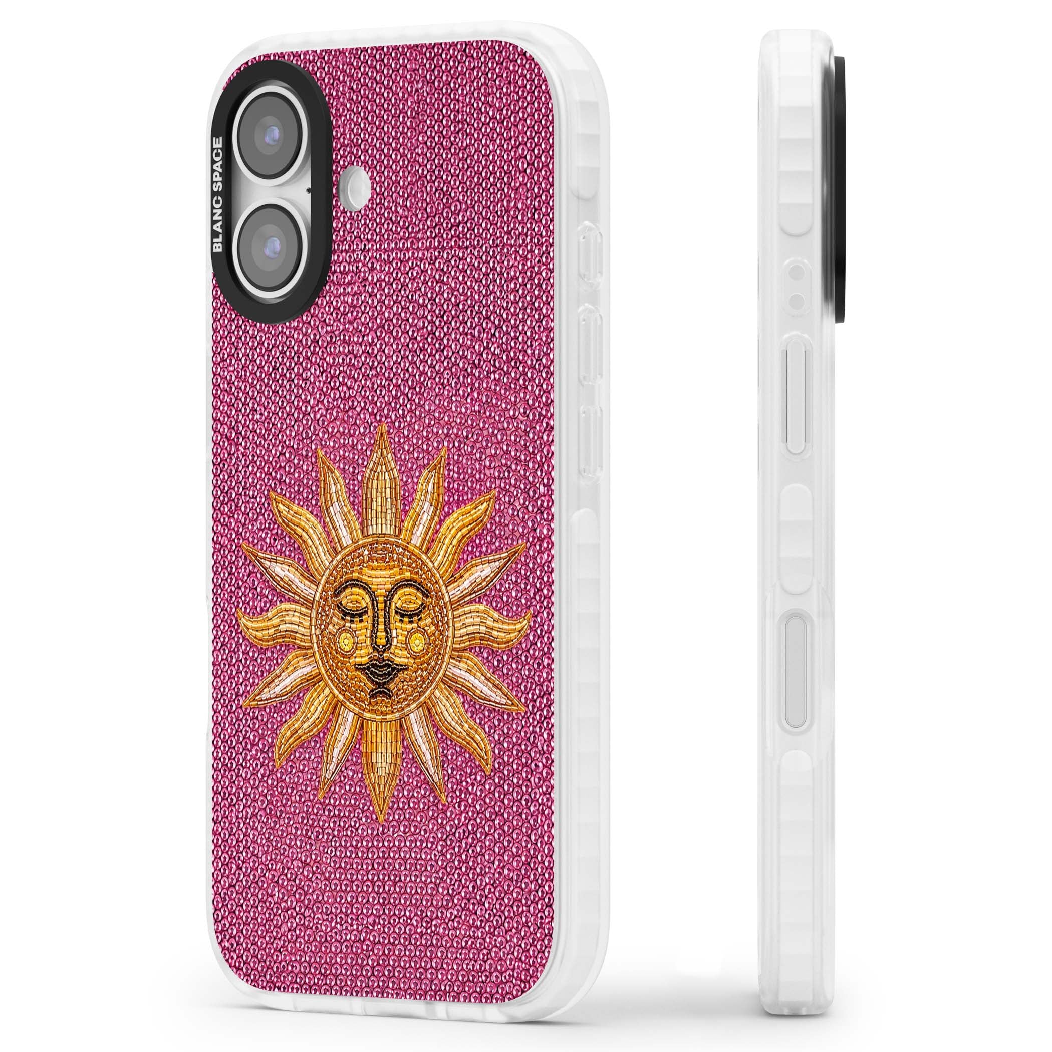 Beaded Sun celestial iPhone case featuring a golden beaded sun face with radiant rays on hot pink beaded background | Black Impact case for iPhone 17