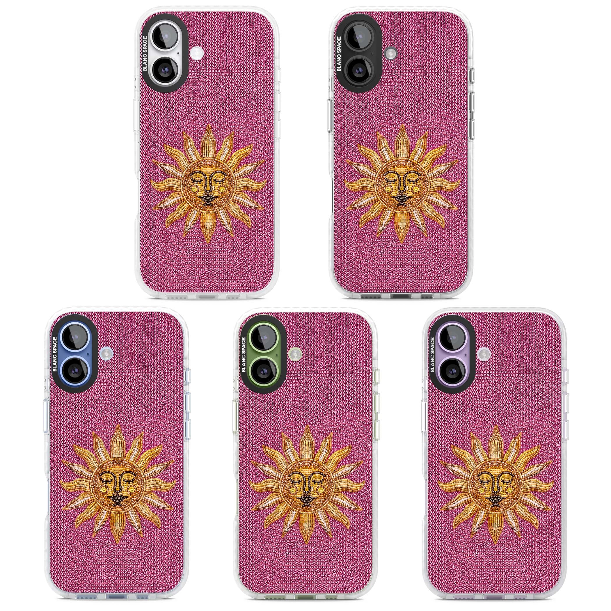 Beaded Sun celestial iPhone case featuring a golden beaded sun face with radiant rays on hot pink beaded background | Black Impact case for iPhone 17