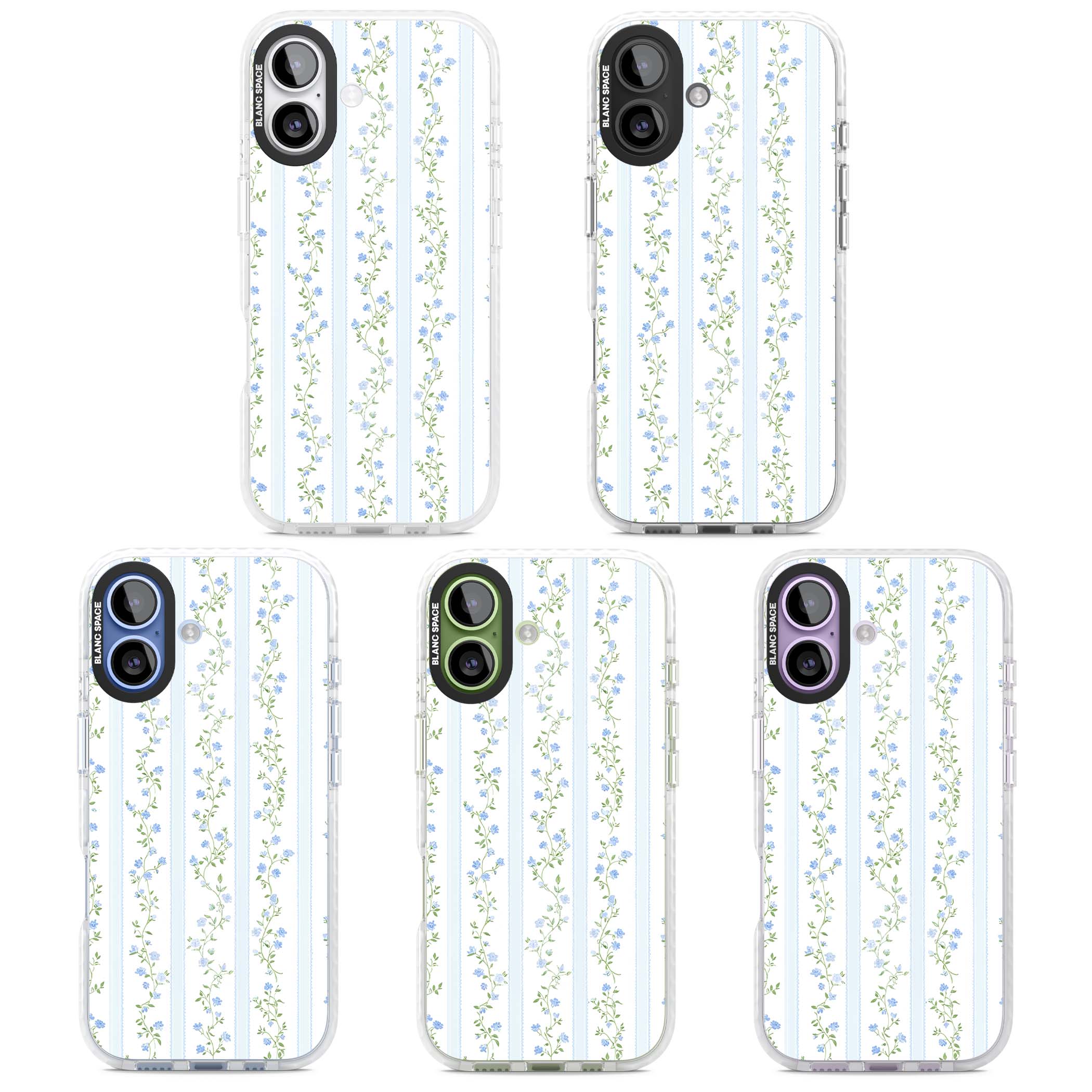 Bluebell Vine cottagecore iPhone case featuring climbing blue roses, trailing green vines, and pale ticking stripes | Black Impact case for iPhone 17