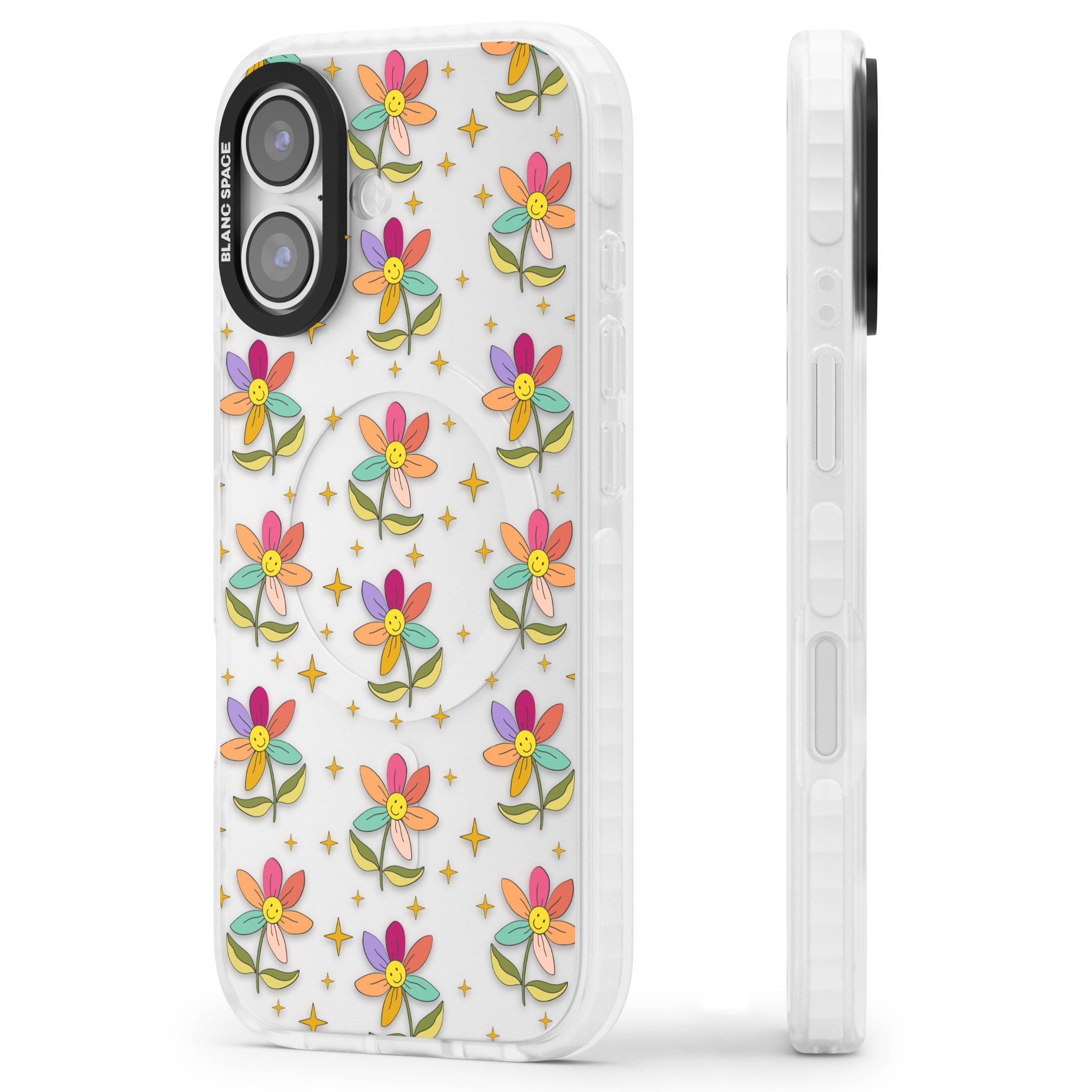 Boho Celestial Happy Flower iPhone 17 Impact Clear Phone Case Side Profile